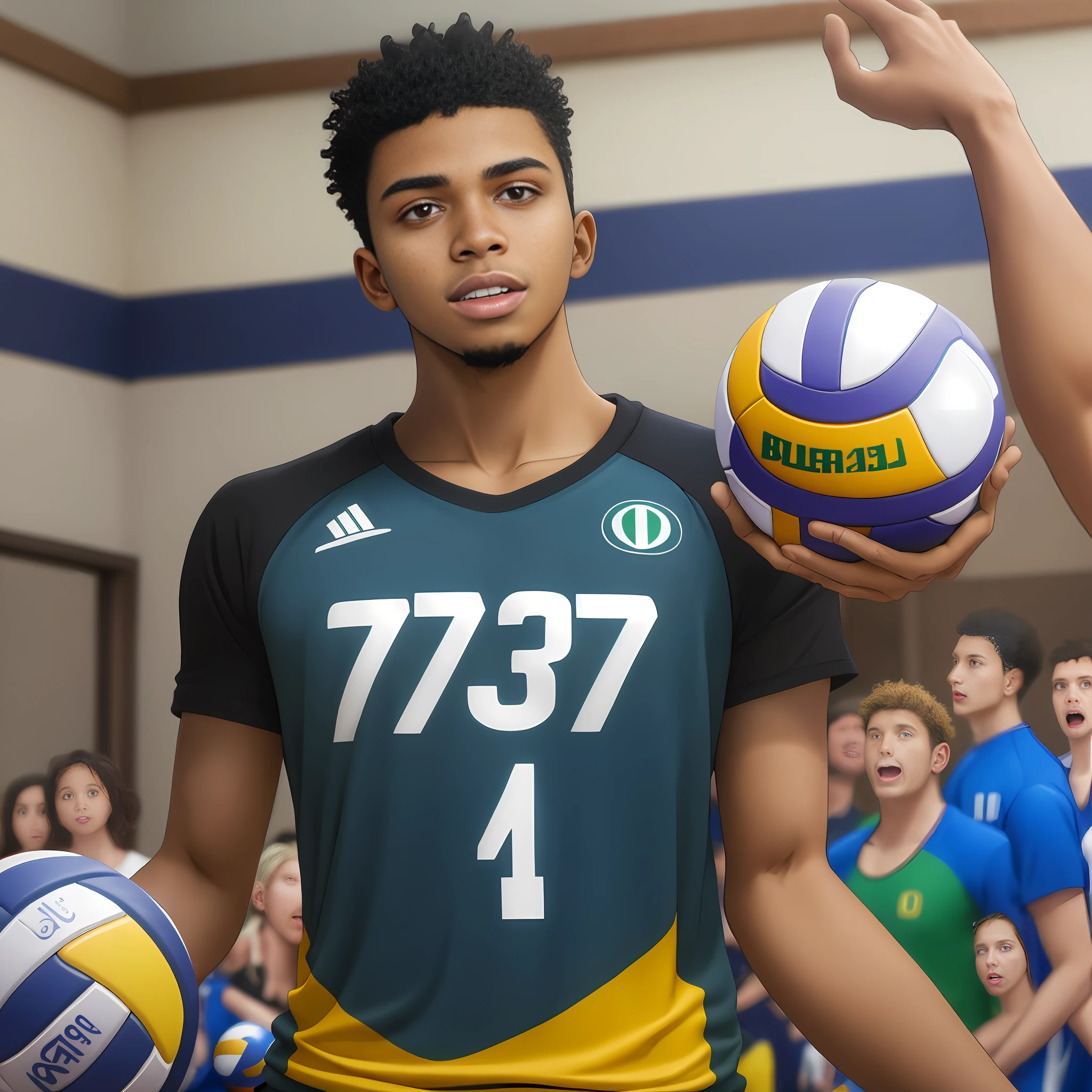 A group of young black volleyball players, all wearing numbered Brazilian shirts, with the number 10 being worn by one of them. The group holds only one volleyball. The scene has a warm and vibrant environment with strong energy for the sport.