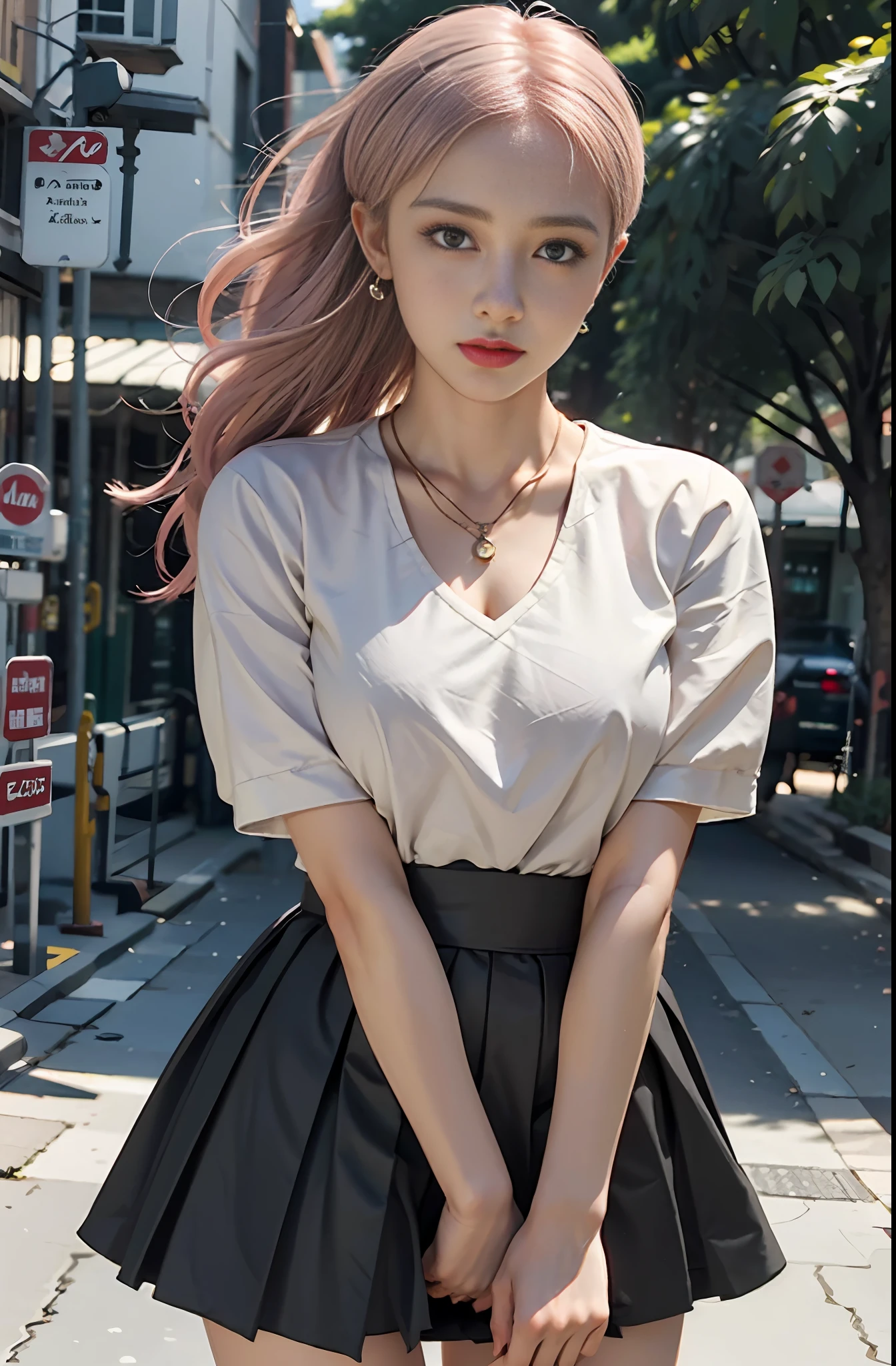 Large aperture f1.2, blurred, blurred background, masterpiece, 1 girl, waist up, faint smile, shiny skin, best quality, masterpiece, (realistic: 1.4), school uniform, pleated skirt, black stockings, background blur, focus on person, (large aperture: 1.2), pink hair, necklace, earrings, japanese street, night
