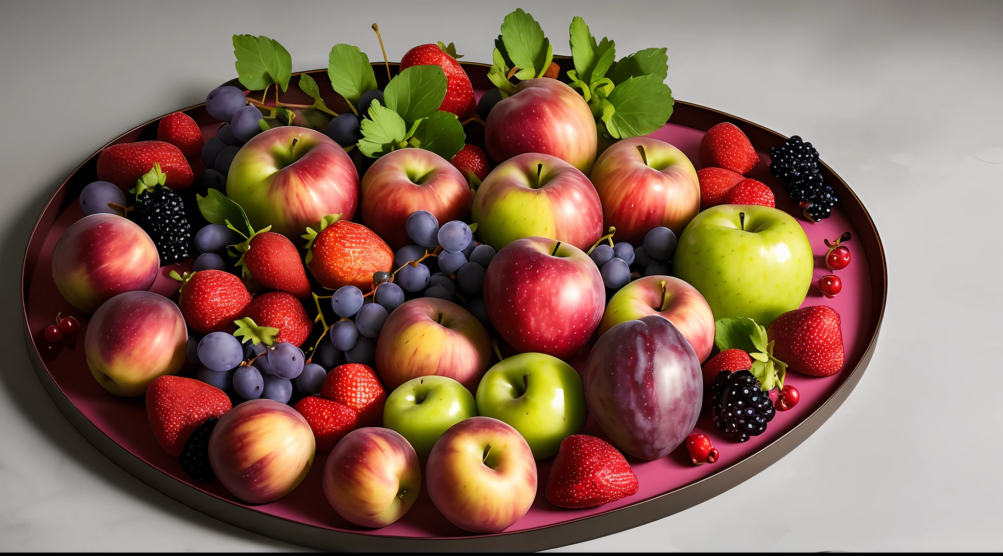 A beautiful tray with fruits inside, this tray is very beautiful and inside it has apples of a very beautiful red, beautiful bunches of purple grapes and beautiful bunches of green Italian grapes, very beautiful strawberries, blackberries, peaches and figs, slightly blurred cinematic background, soft cinematic light, with a very beautiful light and shadow effect, 4k, UHD.