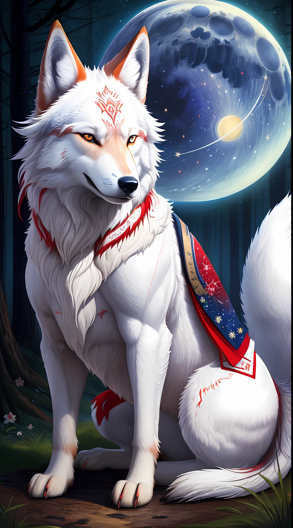 "((masterpiece)), better quality, ultra-detonated details, high-definition illustration, majestic depiction of the white and red wolf Okami, moonlight reflected in his coat, in the starry night, subtle lights illuminating the forest around him."