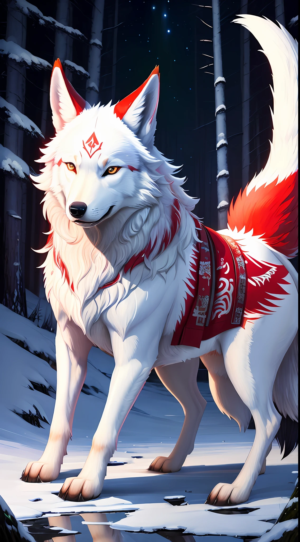 "((masterpiece)), better quality, ultra-detonated details, high-definition illustration, majestic depiction of the white and red wolf Okami, moonlight reflected in his coat, in the starry night, subtle lights illuminating the forest around him."