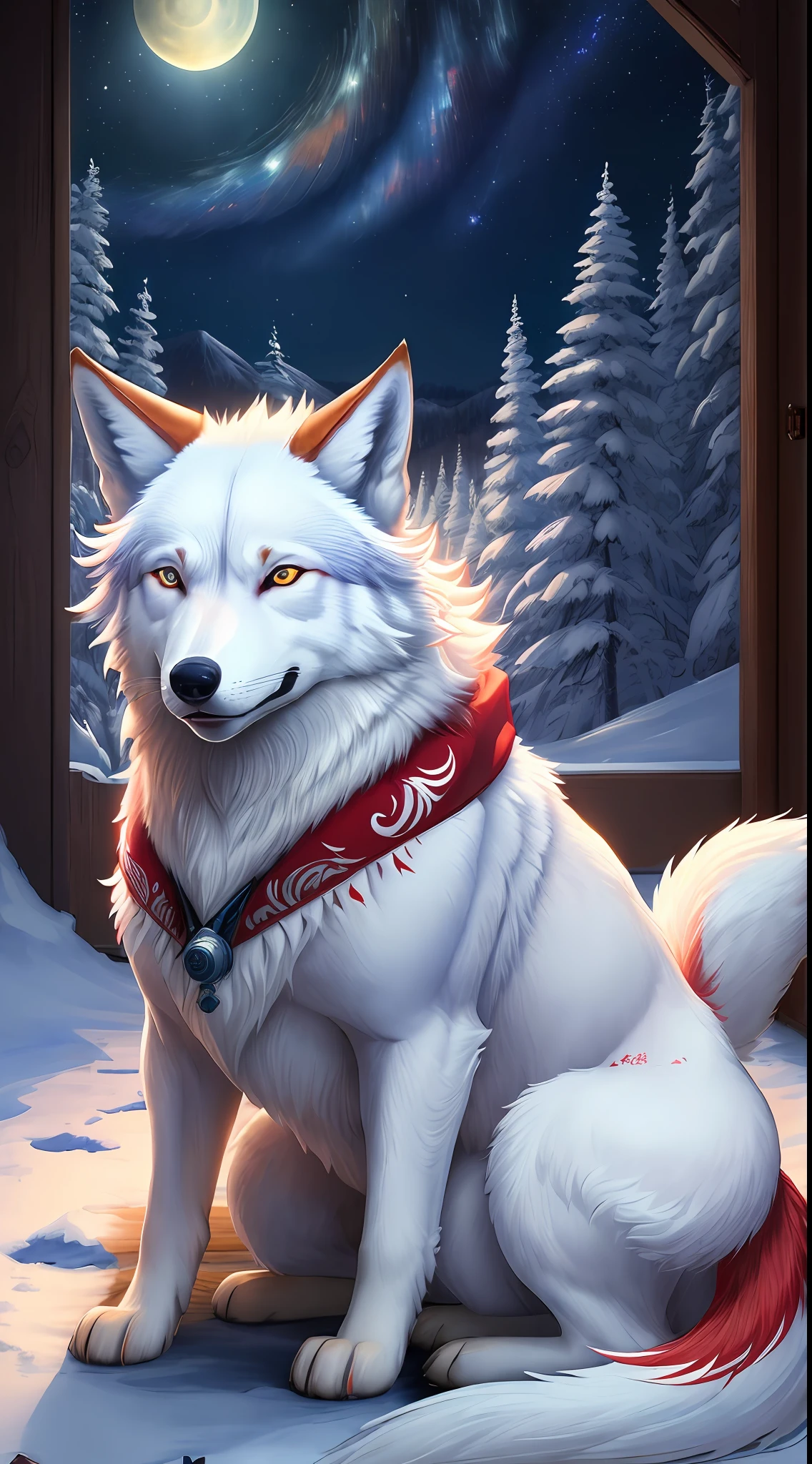 "((masterpiece)), better quality, ultra-detonated details, high-definition illustration, majestic depiction of the white and red wolf Okami, moonlight reflected in his coat, in the starry night, subtle lights illuminating the forest around him."