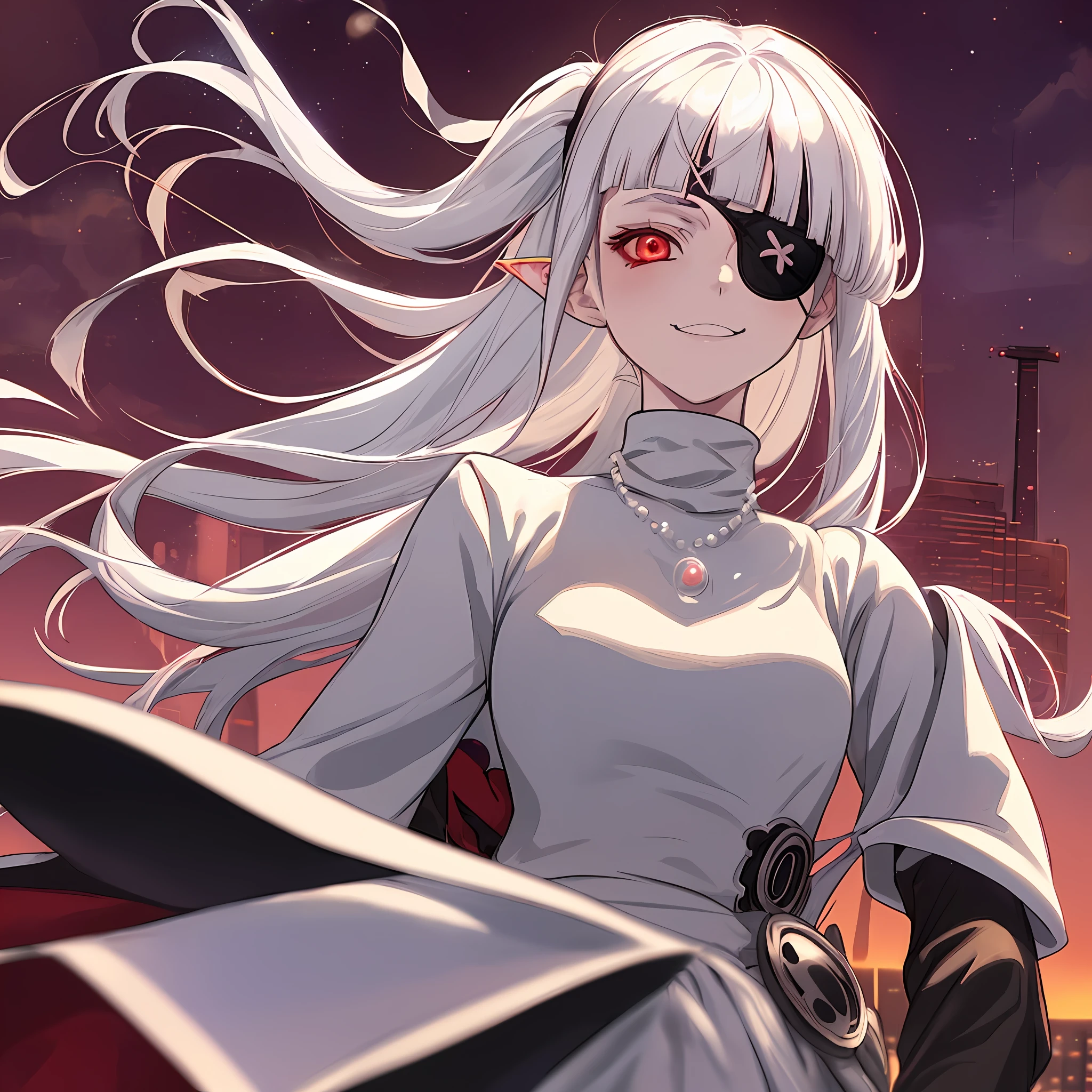 1girl, (solo), anime girl with long white hair and red eyes, girl with white hair, girl in white turtleneck, pearl necklace, bangs, (((blunted bangs))), ((eyepatch)), (pointed ears), ((vampire)), smirk, smug, closed mouth, ((flat)) cowboy shot, perfect white haired girl, white haired deity, digital cyberpunk anime art, turtleneck, lens flare, ((dramatic lighting)), soft glowing red eyes, extremely detailed, masterpiece, looking at viewer, city in background, (night)