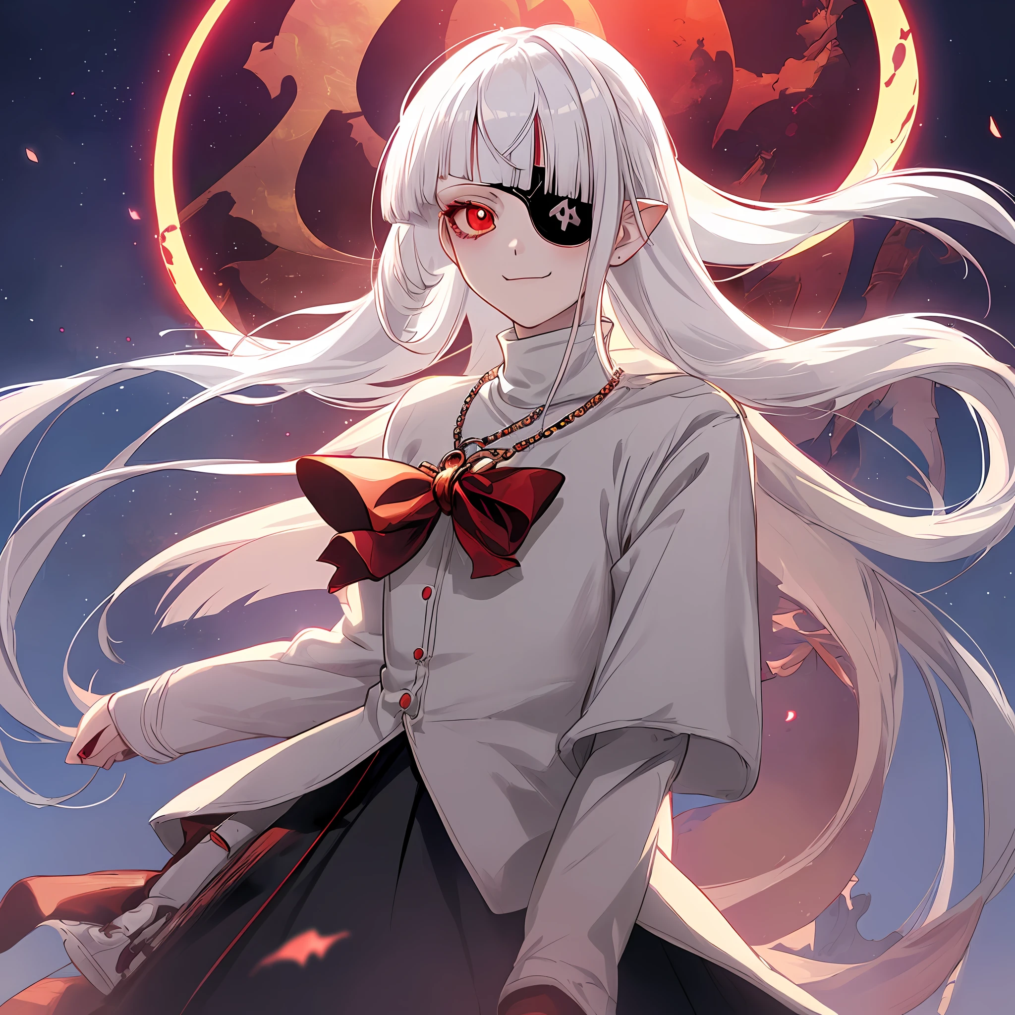 1girl, (solo), anime girl with long white hair and red eyes, girl with white hair, girl in white turtleneck, pearl necklace, bangs, (((blunted bangs))), ((eyepatch)), (pointed ears), ((vampire)), smirk, smug, closed mouth, ((flat)) cowboy shot, perfect white haired girl, white haired deity, digital cyberpunk anime art, turtleneck, lens flare, ((dramatic lighting)), soft glowing red eyes, extremely detailed, masterpiece, looking at viewer, city in background, (night)
