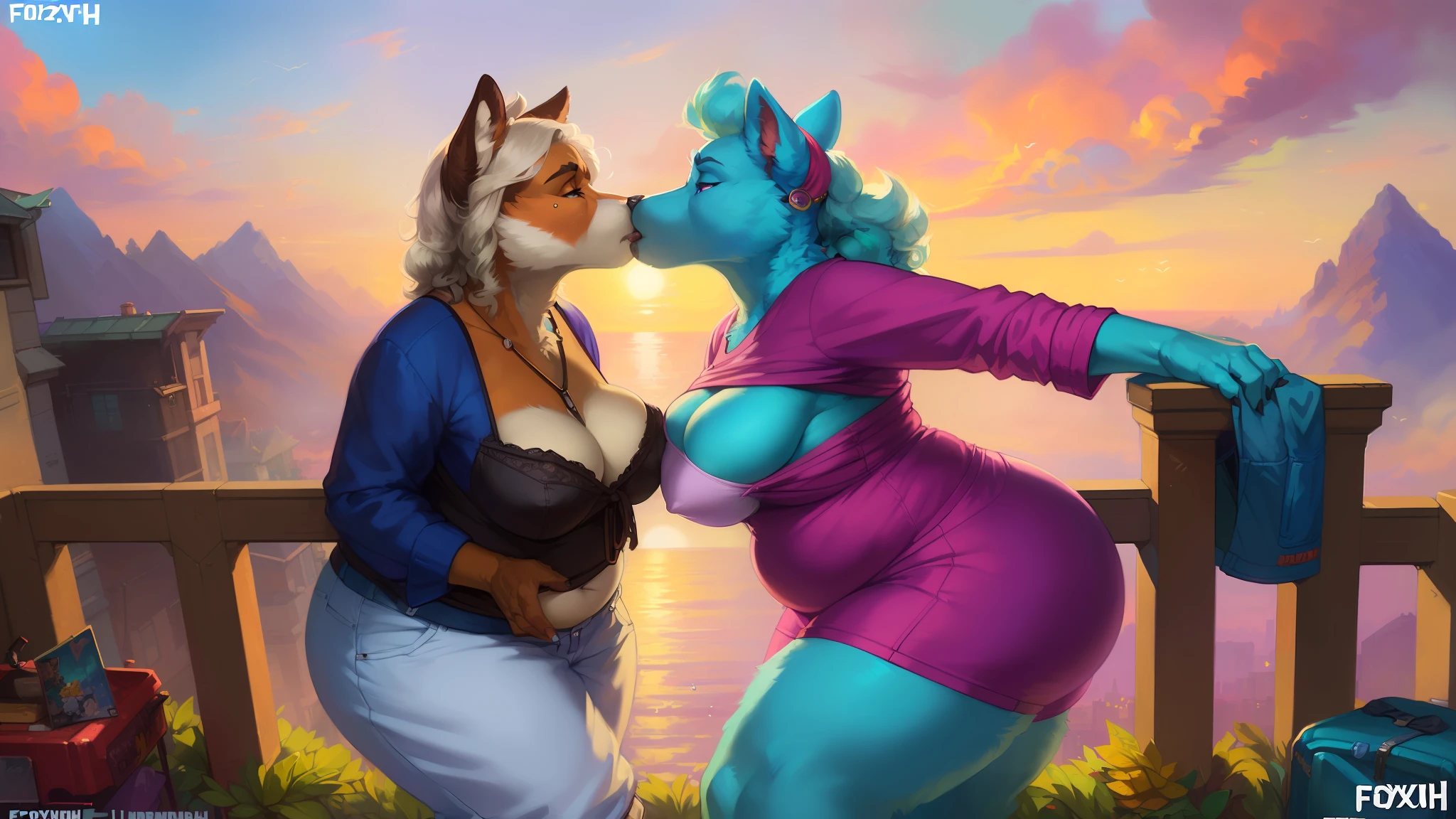 (isometric view), ultra high resolution, 3D Render, game assets, Pino Daeni, (by Foxovh), by dizzyknight, by cumbread, by sligarthetiger, explict content, uploaded on e621, (extremely detailed:1.3), 2 girls, (duo focus:1.2), (kissing:1.3), (breasts frottage:1.5), (furry body), (old women:1.5), wide hips, (very tall), (a lot of fur), (unknown animal), (big thighs), (big butt:1.3), (unknown species), (slightly chubby:1.3), (random mammal:1.7), (emotional:1.4), (angry:1.4), (big areola:1.3), (nipple slip), sunset clouds, (leaning against object:1.4), ((appropiate clothing)), breast squish, (bottomwear), (buttcrack:1.2),