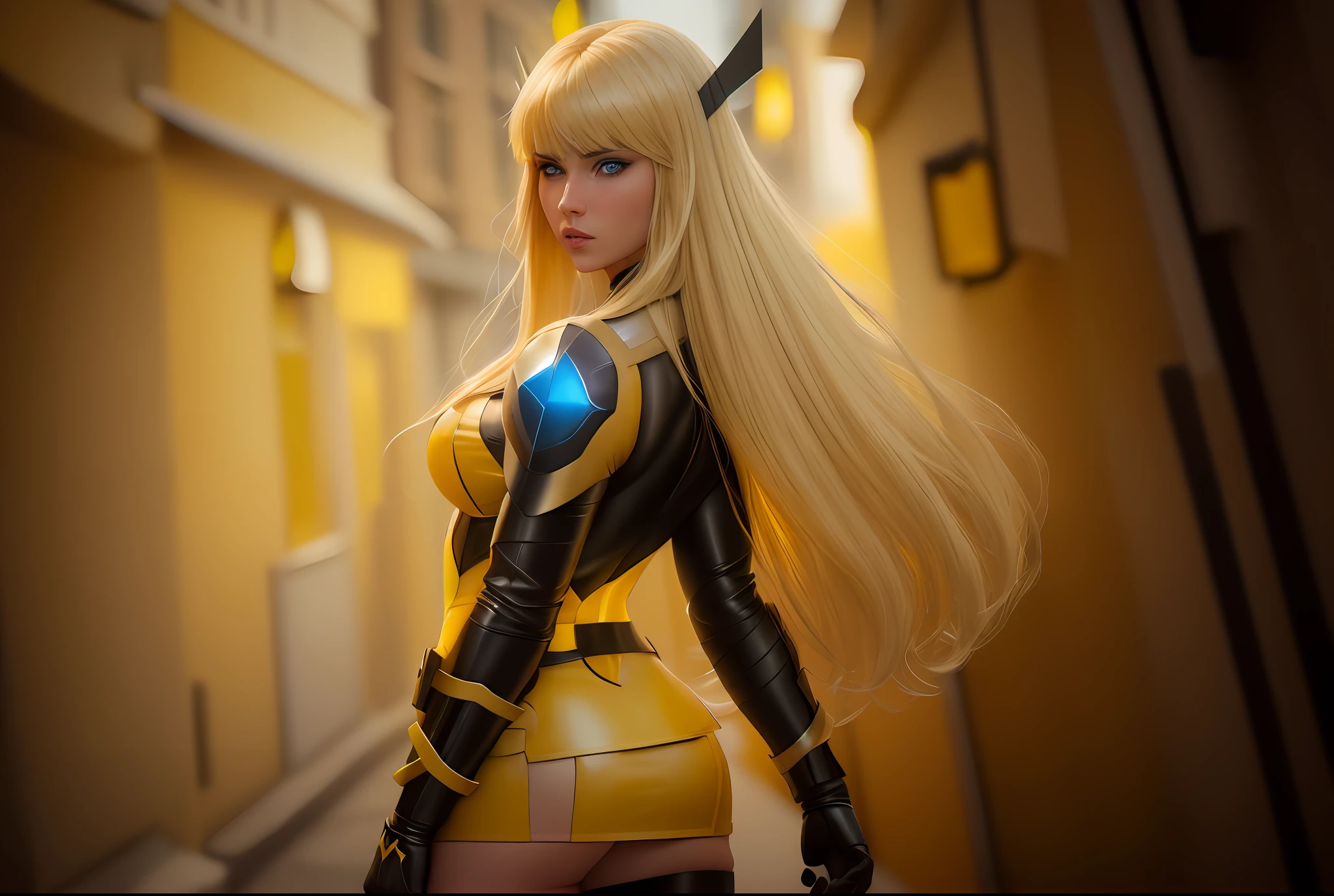 "Masterpiece, high quality, detailed, high resolution, 4k, 8k, realistic skin texture, amazing shadows, perfect lighting, hyper-realistic." 1woman (magik, blonde long hair with bangs, white skin, blue eyes) in yellow and black leather superhero costume, shoulders showing, sensual pose on the street, detailed background, dynamic lighting