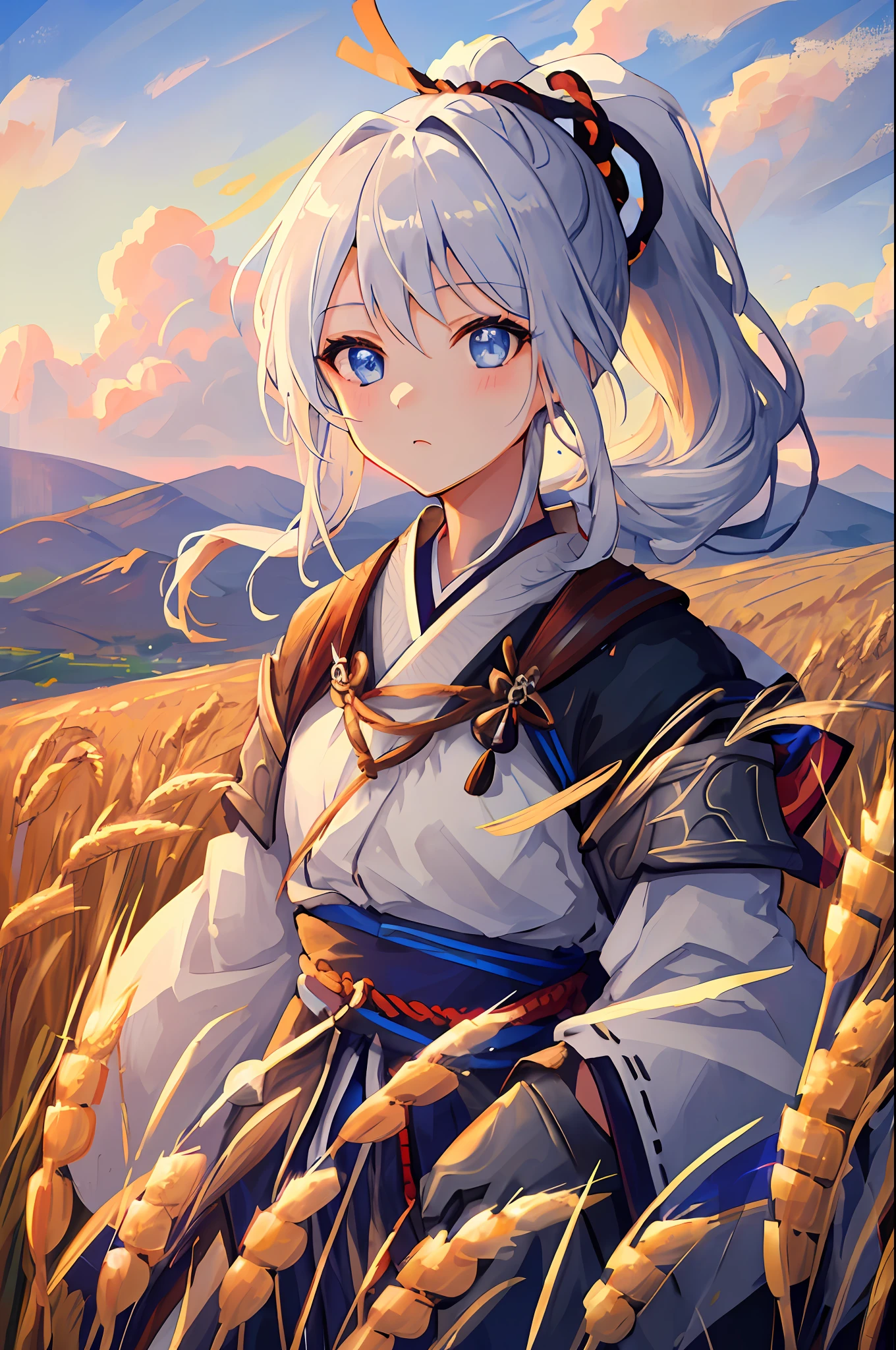 masterpiece, best quality, 1girl, portrait, white hair, ponytail, blue eyes, samurai, wheat landscape, sun, clouds, (neutral colors), (hdr:1.4)