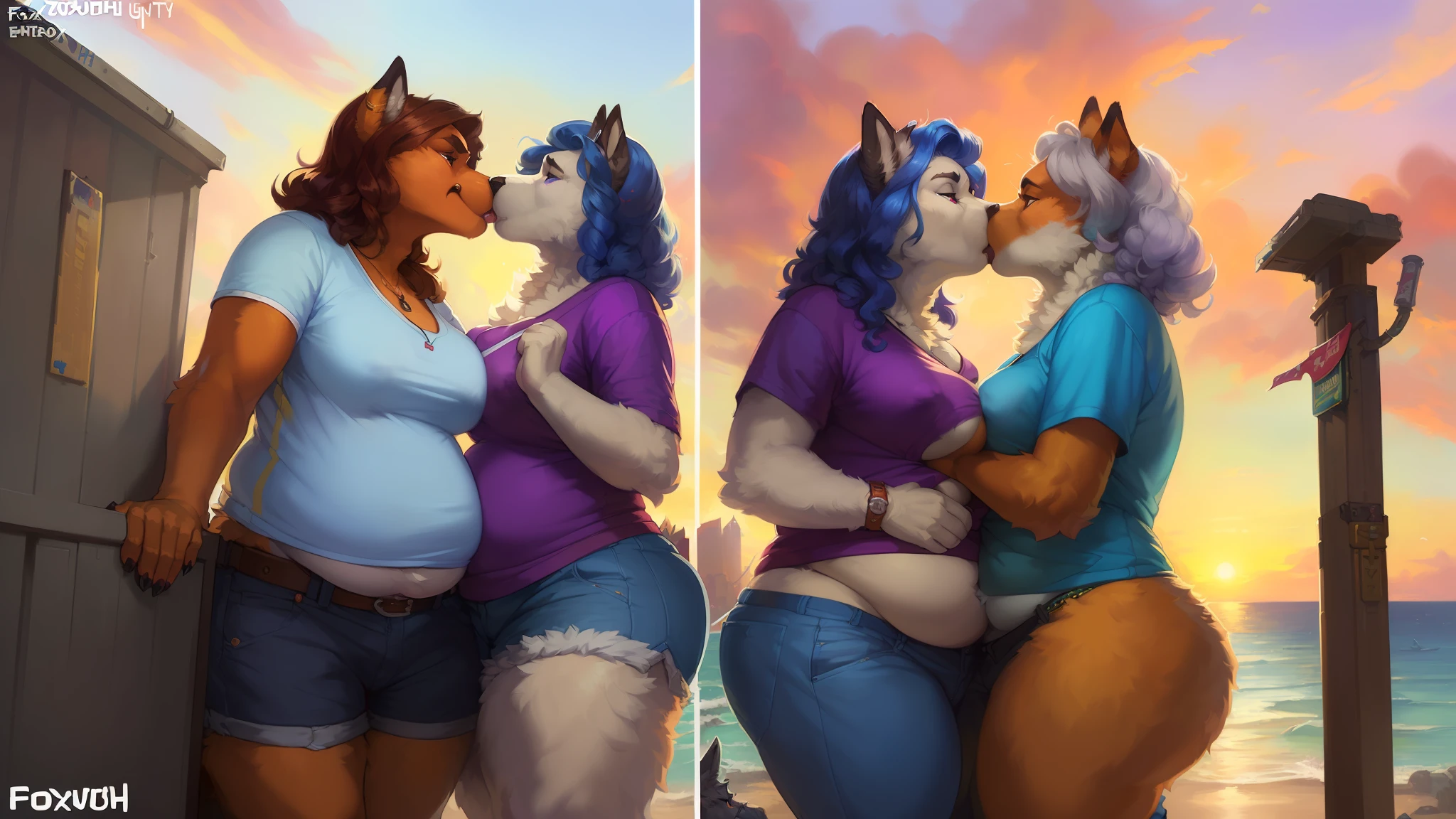 (isometric view), ultra high resolution, 3D Render, game assets, Pino Daeni, (by Foxovh), by dizzyknight, by cumbread, by sligarthetiger, explict content, uploaded on e621, (extremely detailed:1.3), 2 girls, (duo focus:1.2), (kissing:1.3), (breasts frottage:1.5), (furry body), (very old women:1.5), wide hips, (very tall), (a lot of fur), (unknown animal), (big thighs), (big butt:1.3), (unknown species), (slightly chubby:1.3), (random mammal:1.7), (emotional:1.4), (angry:1.4), (big areola:1.3), (nipple slip), sunset clouds, (leaning against object:1.4), ((appropiate clothing)), breast squish, bottomwear, (pubic fur:1.4),