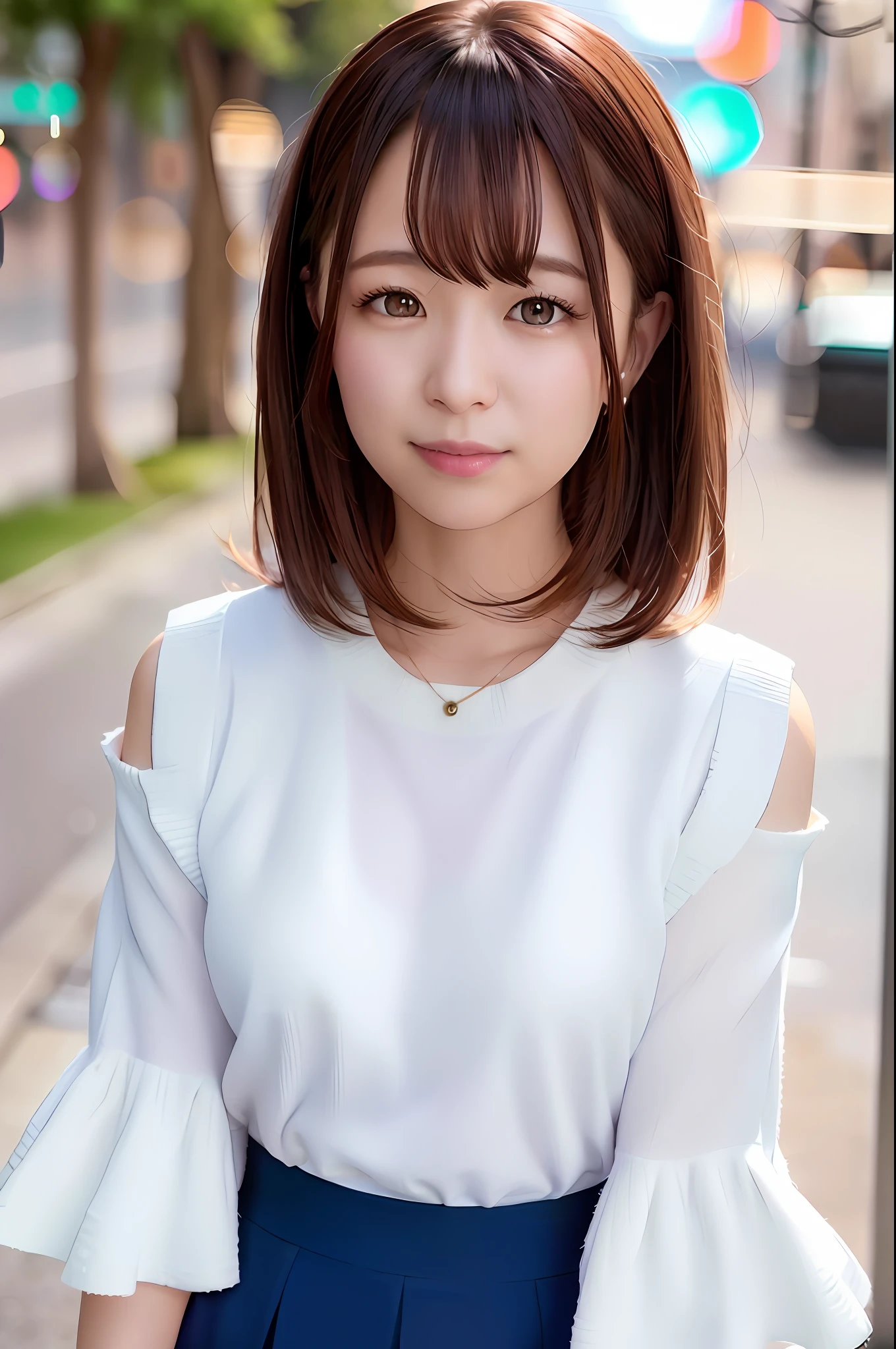 (skin blemish:1.2), (skindentation), black eye, 1woman, 25yo, (((woman))), solo, realistic, best quality, photorealistic, masterpiece, 8k, high res, solo, extremely detailed face, (professional lighting, bokeh), (light particles, lens flare, glowing particles:0.6), (dynamic pose:1.2), soft lighting, top angle view, fashionable and trendy atmosphere, japan, street, city, tokyo, harbour, ((daytime)), sky, ((looking at the viewer:1)), (looking at the camera),(portrait:0.6), cowboy shot, gorgeous, standing, keep original facial proportion, wide shoulder, full body, (small breast), (short hair), brown hair, floating hair, lips, lipstick, seductive smile, floating hair, smile, open_mouth, teeth, (sleeves less white blouse), (jumper skirt), eyelashes, mole, (mole under eye:1),