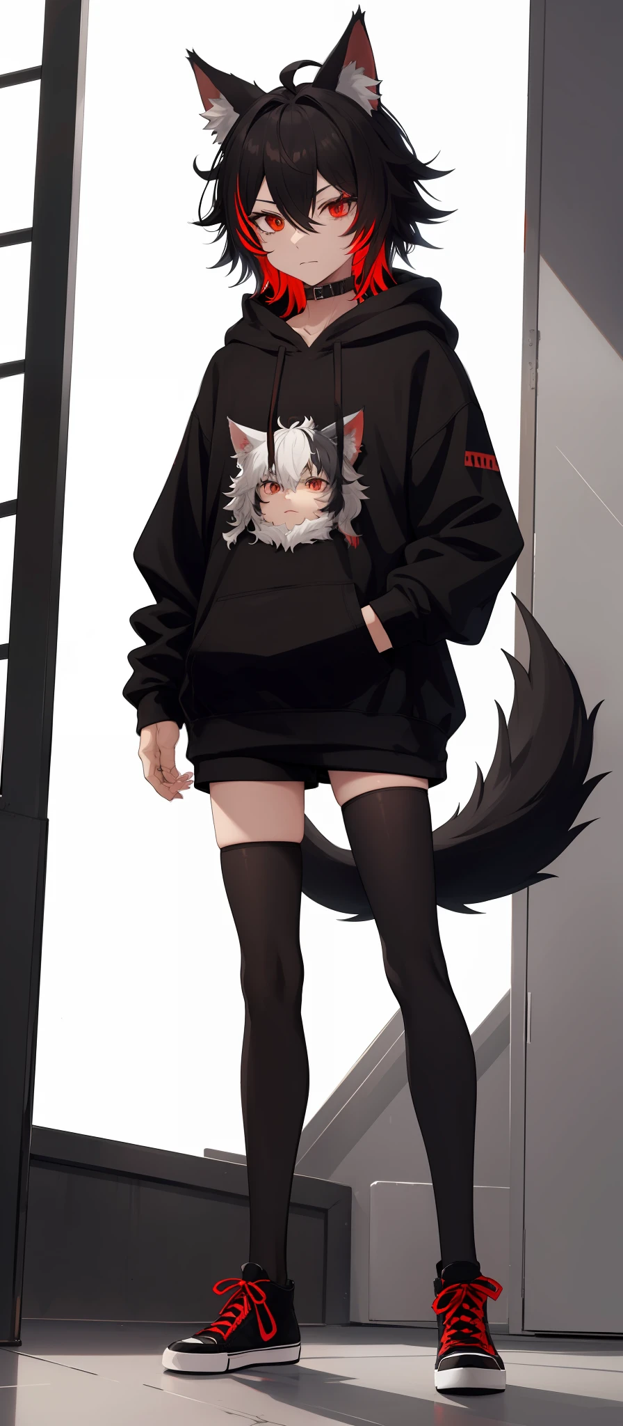 cat-boy, toned, sharp big wolf ears, wolf tail, big black messy hair,vibrant red eyes, masterpiece, vibrant, black converse shoes, slim dark black hoodie, full body view, neutral face, black thigh socks, combat boots.