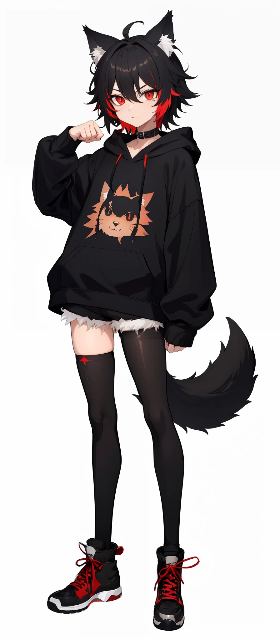 cat-boy, toned, sharp big wolf ears, wolf tail, big black messy hair,vibrant red eyes, masterpiece, vibrant, black converse shoes, slim dark black hoodie, full body view, neutral face, black thigh socks, combat boots.