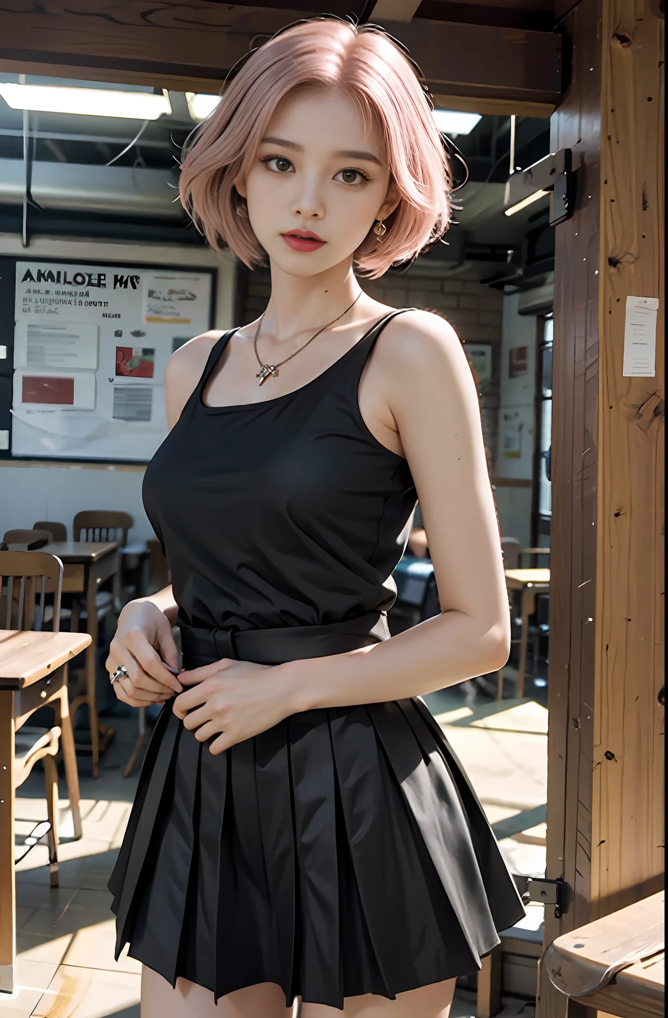 Large aperture f1.2, blurred, classroom, blurred background, masterpiece, 1 girl, waist up, faint smile, shiny skin, best quality, (realistic: 1.4), school uniform, pleated skirt, black stockings, background blur, focal length on person, (large aperture: 1.2), pink hair, necklace, earrings, classroom, school, night