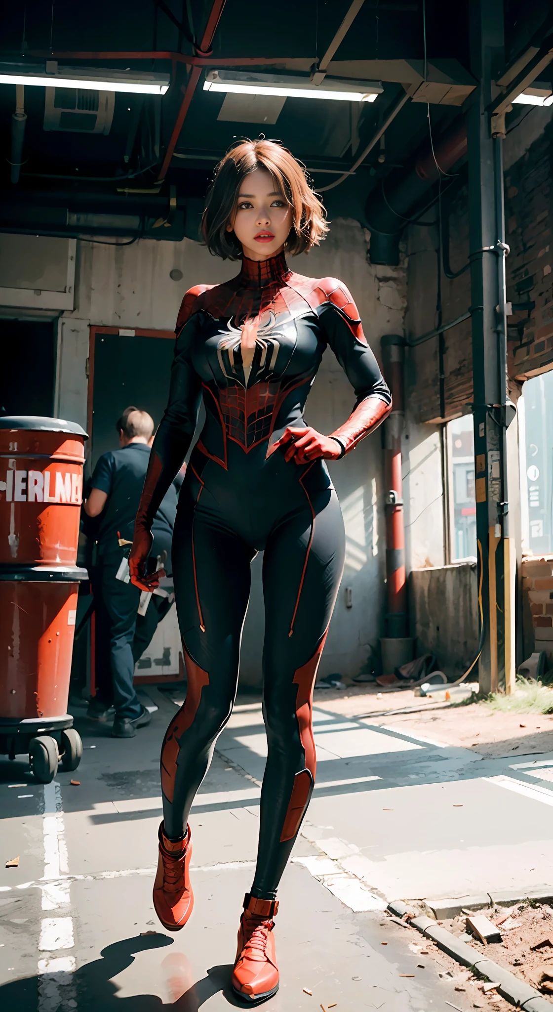 (1girl:1.3), solo, __body-parts__, official art, unified 8k wallpaper, super detailed, beautiful and aesthetic, beautiful, masterpiece, best quality, raw, masterpiece, super fine photo, best quality, super high resolution, photorealistic realism, sunlight, full body portrait, amazing beauty,, dynamic pose, delicate face, vibrant eyes, (from the front), she is wearing a Spider-man suit, red and black color scheme, spider, very detailed abandoned warehouse background, Detailed face, detailed complex busy background, messy, gorgeous, milky white, highly detailed skin, realistic skin details, visible pores, sharp focus, volumetric fog, 8k uhd, DSLR, high quality, film grain, fair skin, photo realism, lomography, huge metropolis in future dystopia, seen from below, translucent