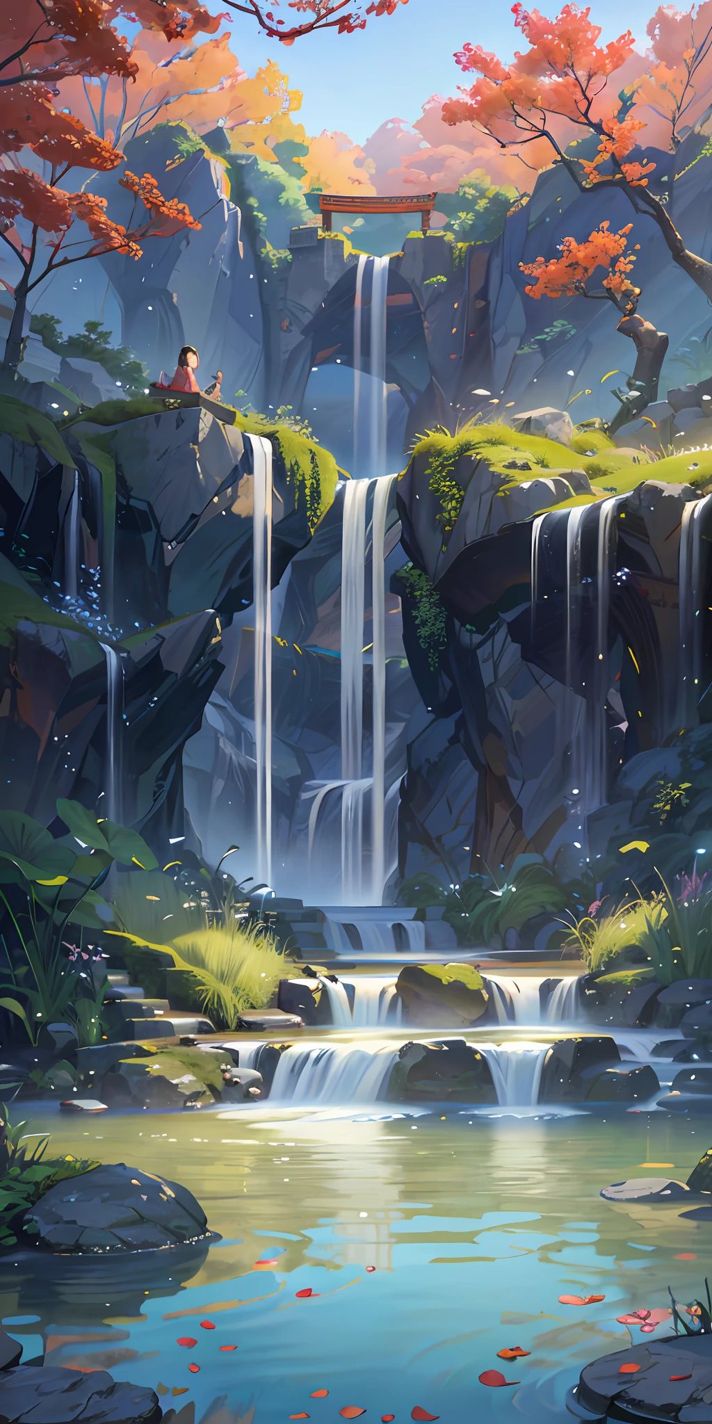 Ancient Chinese architecture, autumn, bamboo, lake, stone bridge, rockery, arch, corner, tree, tap water, landscape, waterfall, meadow, rock, water lily, hot springs, water vapor, (illustration: 1.0), epic composition, realistic lighting, high-definition detail, masterpiece, best quality, (very detailed CG unified 8k wallpaper)