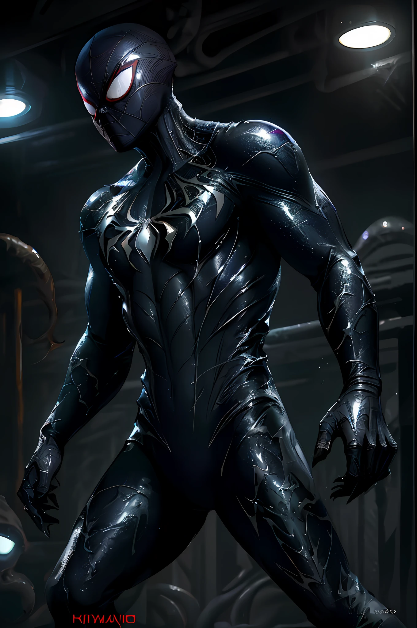 8k, RAW photo, best quality, masterpiece: 1.2), ultra detailed, official art, photo-realistic: 1.37, PS5 cinematic screenshot, highly detailed and detailed cinematic rendering, ultra photorealistic raytricing, with cinematic lighting, Black and White Spider-Man, Venom Symbiote Suit, Glittery Goo Organic Suit