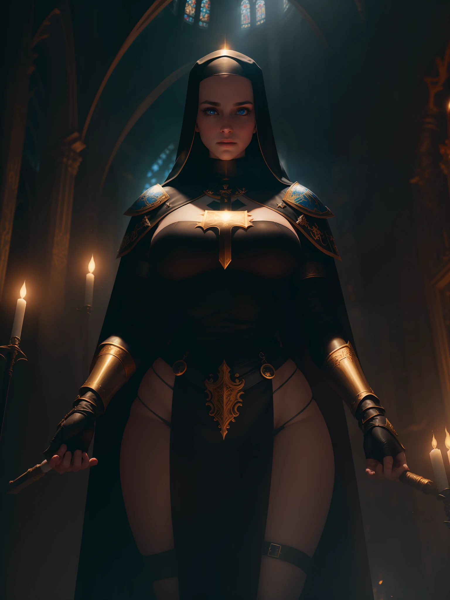 movie scene, half-shot of the body of a beautiful penitent woman as a paladin warrior nun in leather coat (black and white) with intricate gold seams, with (bright blue eyes: 1.2), gauntlets, thin build, holding a papal weapon (crucifix), illuminated Holy Bible closed, hammer, prayer beads, well-lit cathedral on fire,  flare, skylights, Intricate details, highly detailed, volumetric lighting, 4k rendering, archive photography, hyper realistic texture, realistic texture, dramatic lighting, unreal engine, sexy nun, thong, cameltoe