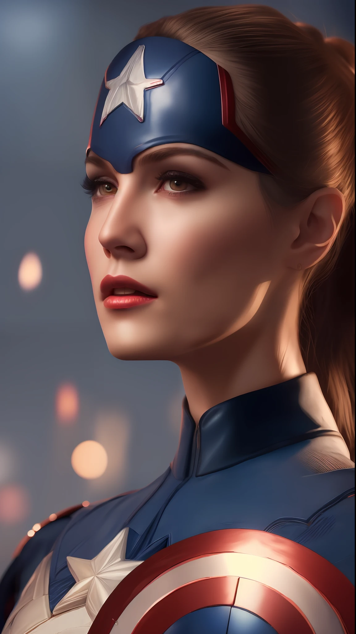 One Lady, Captain America style, 8k, HD, face detail, face detail, eye detail, suit detail, marvel and dc style, ultra-realistic, + cinema lens + dynamic composition, incredible detail, sharpening, detail + superb detail + night of lights + perfectionism + award-winning realism ((moody lights))