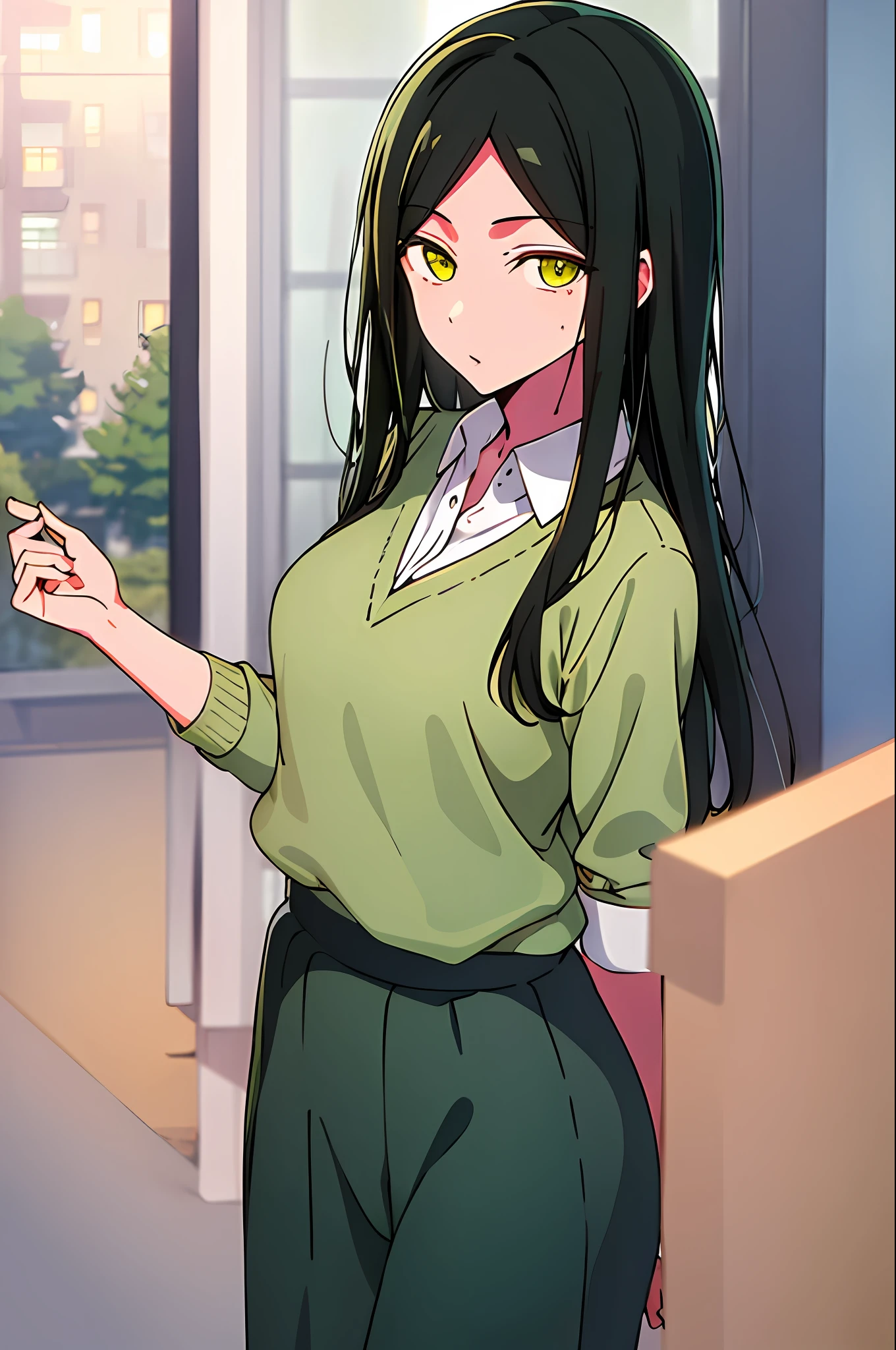 masterpiece,best quality,frillshiranui\(oshinoko\), 1girl, solo,medium_breasts,looking at viewer,green sweater_outfit