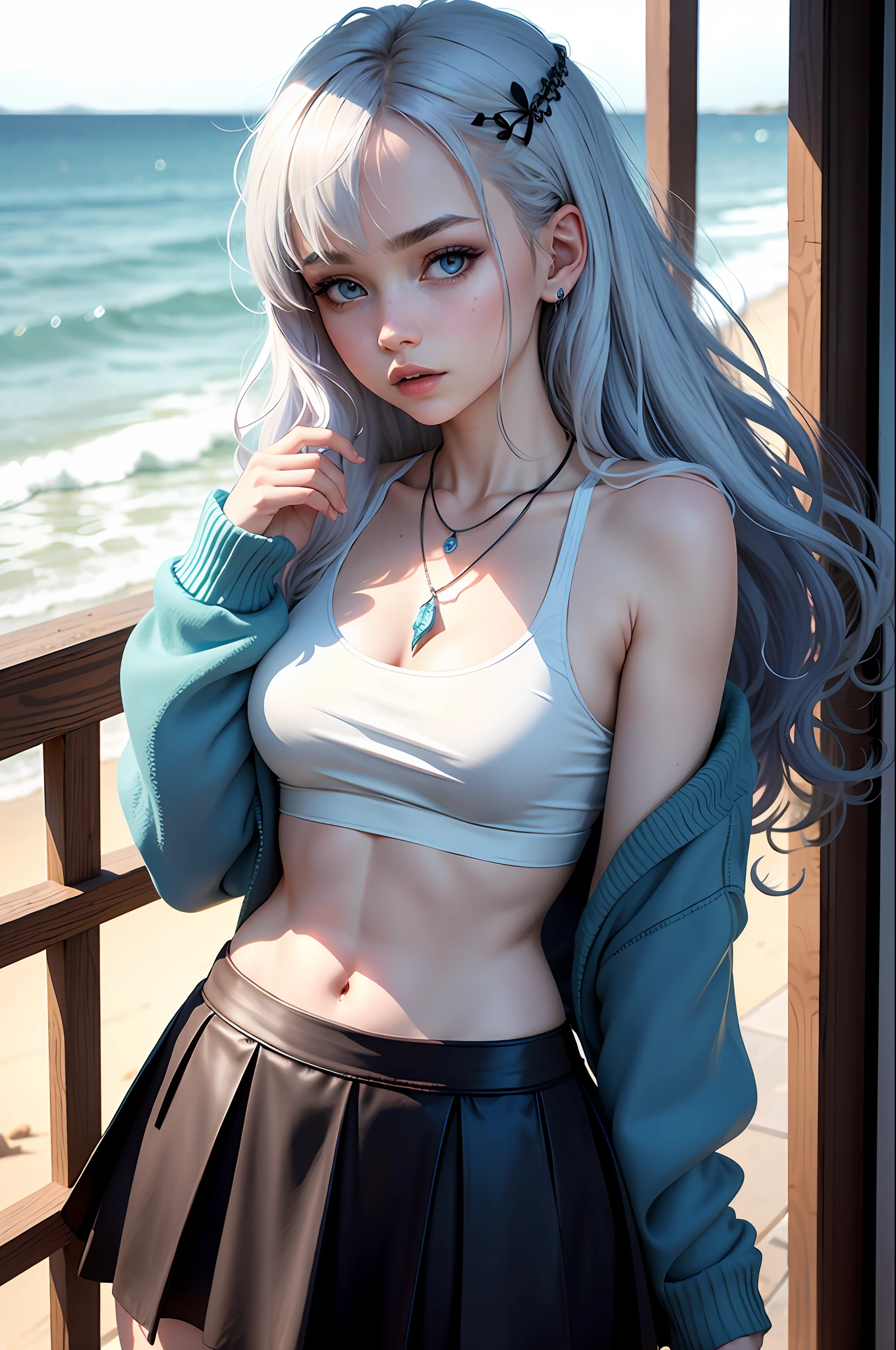 (8k, RAW photo, best quality, masterpiece), ultra high resolution, (realistic, photo-realistic), 1girl, solo, the description of the girl is as follows: She has medium height, has pastel blue/white hair with a few rare darker blue locks She has square hair that reaches her shoulders She has semi-curly hair and she has rebellious locks She has pale skin, ocean blue eyes and She wears a little makeup, mascara / blush She has a healthy weight, still thinner than normal and has "normal" curves, shirts, skirts, confos sweaters, Her colors are in shades of dark blue/barbel blue/pale blue, gray, beige and white, semicolon tattoo on the wrist with a wave, coffee in hands, wears necklace with fish pendant, professional lighting, detailed lighting, backlight, depth of field, natural lighting, sharp focus, two meter shooting distance, professional photo shoot, detailed eyes, realistic eyes, detailed shadow, CG game, outdoor, ahoge hair