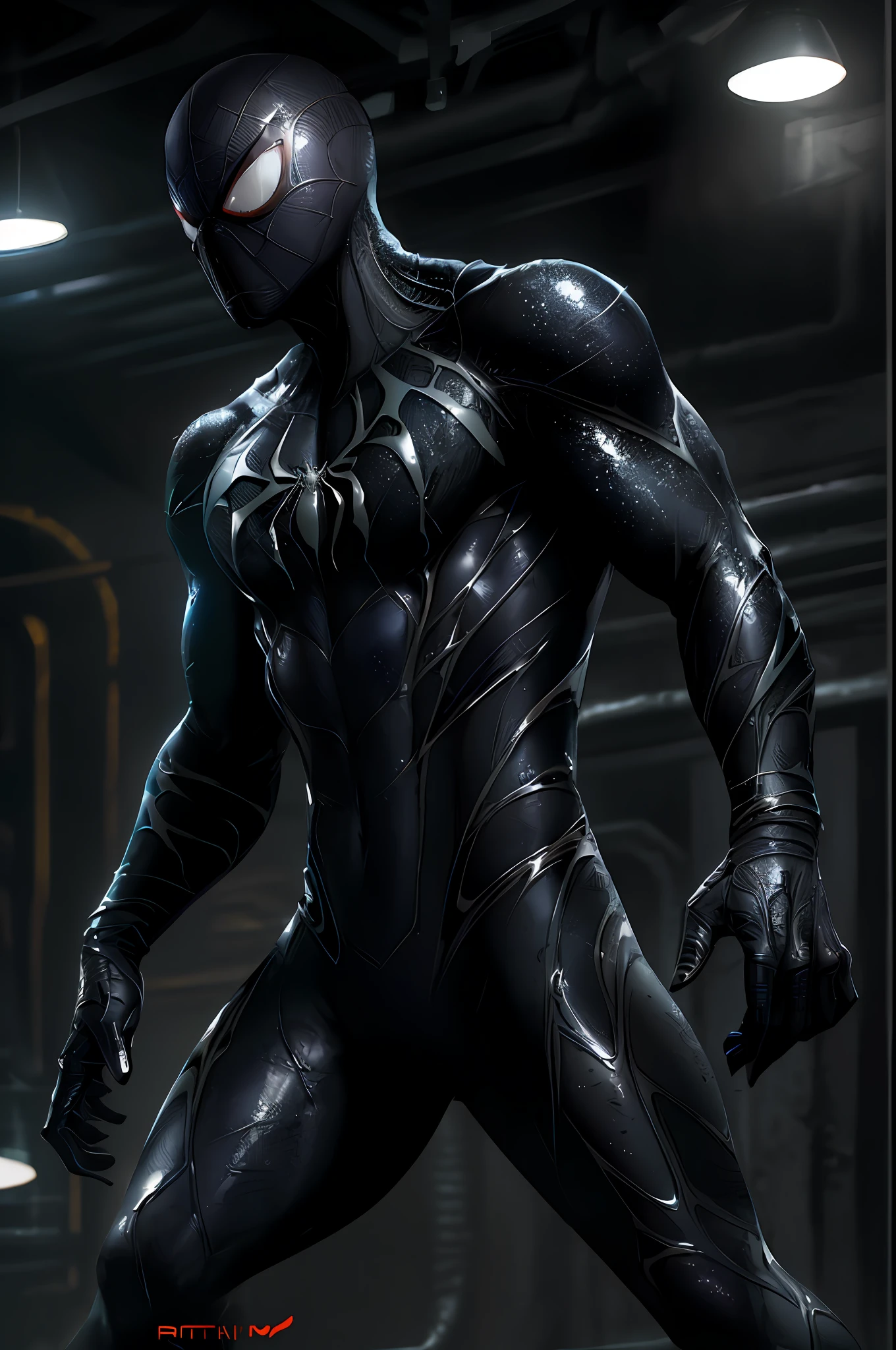 8k, RAW photo, best quality, masterpiece: 1.2), ultra detailed, official art, photo-realistic: 1.37, PS5 cinematic screenshot, highly detailed and detailed cinematic rendering, ultra photorealistic raytricing, with cinematic lighting, Black and White Spider-Man, Venom Symbiote Suit, Glittery Goo Organic Suit