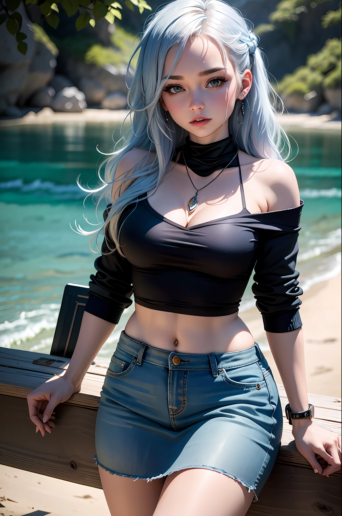 (8k, RAW photo, best quality, masterpiece), ultra high resolution, (realistic, photo-realistic), 1girl, solo, the description of the girl is as follows: She has medium height, has pastel blue/white hair with a few rare darker blue locks She has square hair that reaches her shoulders She has semi-curly hair and she has rebellious locks She has pale skin,  ocean blue eyes and She wears a little makeup, mascara / blush She has a healthy weight, still thinner than normal and has "normal" curves, shirts, skirts, confos sweaters, Her colors are in shades of dark blue/barbel blue/pale blue, gray, beige and white, semicolon tattoo on the wrist with a wave,  coffee in hands, wears necklace with fish pendant, professional lighting, detailed lighting, backlight, depth of field, natural lighting, sharp focus, two meter shooting distance, professional photo shoot, detailed eyes, realistic eyes, detailed shadow, CG game, outdoor, ahoge hair