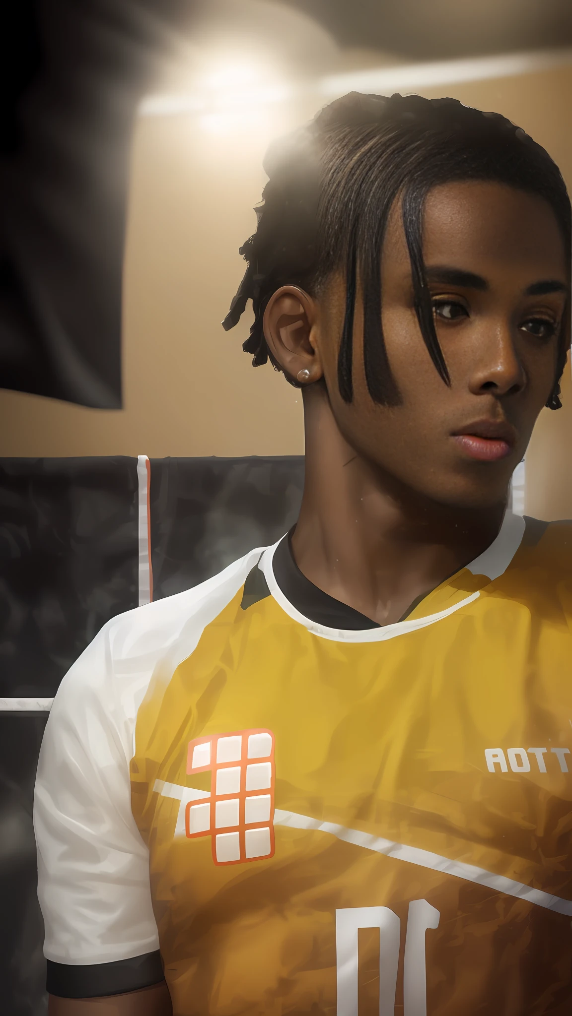 A young black volleyball player, wearing numbered shirts. The group doesn't hold a volleyball. The scene has a warm and vibrant environment with strong energy for the sport.