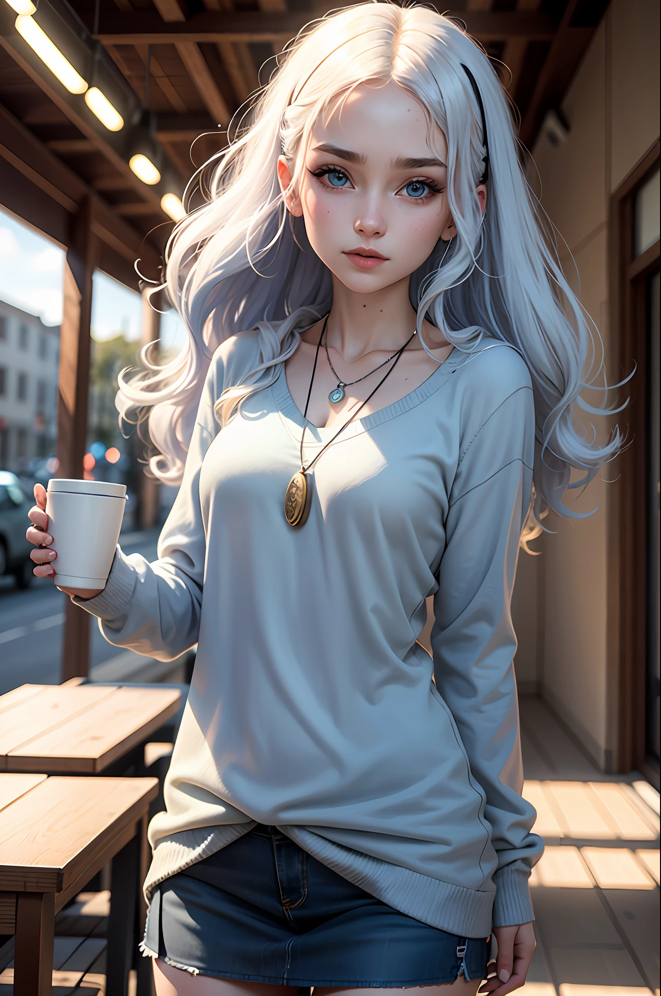 (8k, RAW photo, best quality, masterpiece), ultra high resolution, (realistic, photo-realistic), 1girl, solo, the description of the girl is as follows: She has medium height, has pastel blue/white hair with a few rare darker blue locks She has square hair that reaches her shoulders She has semi-curly hair and she has rebellious locks She has pale skin,  ocean blue eyes and She wears a little makeup, mascara / blush She has a healthy weight, still thinner than normal and has "normal" curves, shirts, skirts, confos sweaters, Her colors are in shades of dark blue/barbel blue/pale blue, gray, beige and white, semicolon tattoo on the wrist with a wave,  a coffee in the hands, wears a necklace with a fish pendant, professional lighting, detailed lighting, backlight, depth of field, natural lighting, sharp focus, two meter shooting distance, professional photo shoot, detailed eyes, realistic eyes, detailed shadow, CG game, outdoor, (Ahoge hair: 1.2)