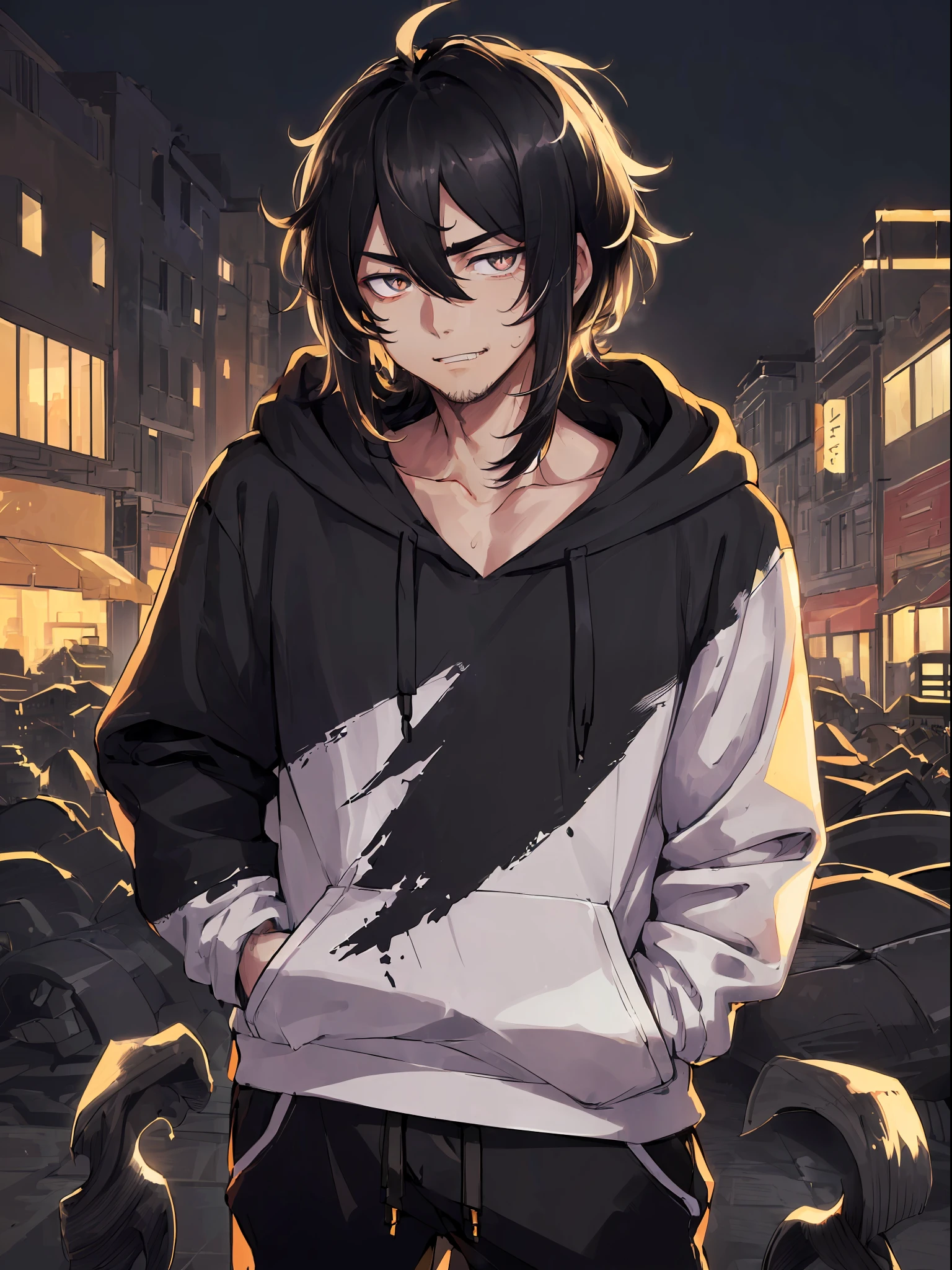 ((highest quality, masterpiece, 4k, finely detailed, detailed eyes, detailed face, gelbooru, pixiv, warm lighting)), ((solo)), 1 male, handsome, masculine, adult male, older guy, broad shoulders, closeup of face, ((black chin hair)), grinning with fangs, looking at viewer ((lazy eyes, half-lidded, tired eyes, eyebags under eyes, black eyes with white pupils)), ( hoodie, sweatpants), ((black hair, medium length hair, shaggy hairstyle, messy hair), standing, hands in pockets, city background, night time