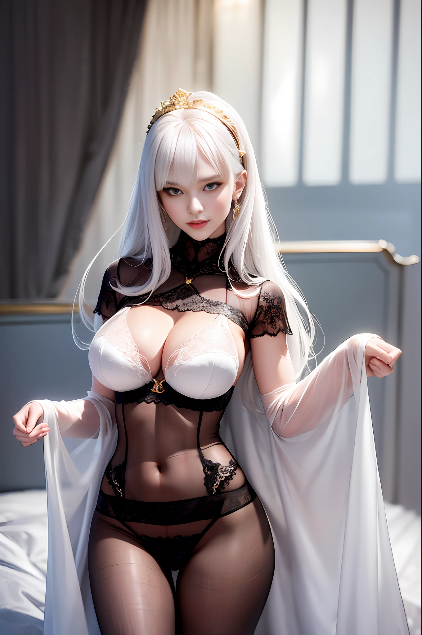 Incomparable masterpiece, ultra realistic 8k CG, perfect artwork, ((perfect female image)), white hair, red eyes, mature woman, mature woman, narrow waist, Chinese god, looking at viewer, seductive pose, Sexy pose, seductive, clean, beautiful face, pure face, pale skin, ridiculous long hair, (big breasts), god goddess, bright skin, dimpled skin, lace, lace, lace pantyhose, delicate patterns , exquisite detail, (rich: 1.4), prestige, gorgeous, luxurious, palace, jewelry, gemstone, gold, silver, diamond, glitter, sapphire, ruby, emerald, pearl, amber,