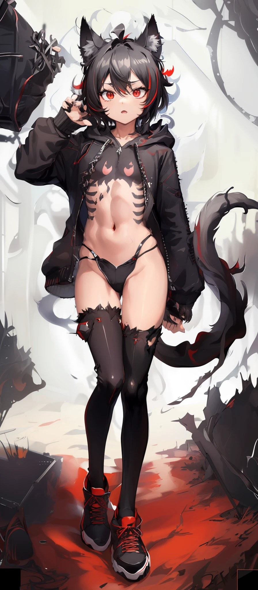 cat-boy, toned, sharp big wolf ears, wolf tail, big black messy hair, extremely vibrant red eyes, HD, masterpiece, vibrant, black converse shoes, slim dark black hoodie, full body view, neutral face, black thigh socks, combat boots.