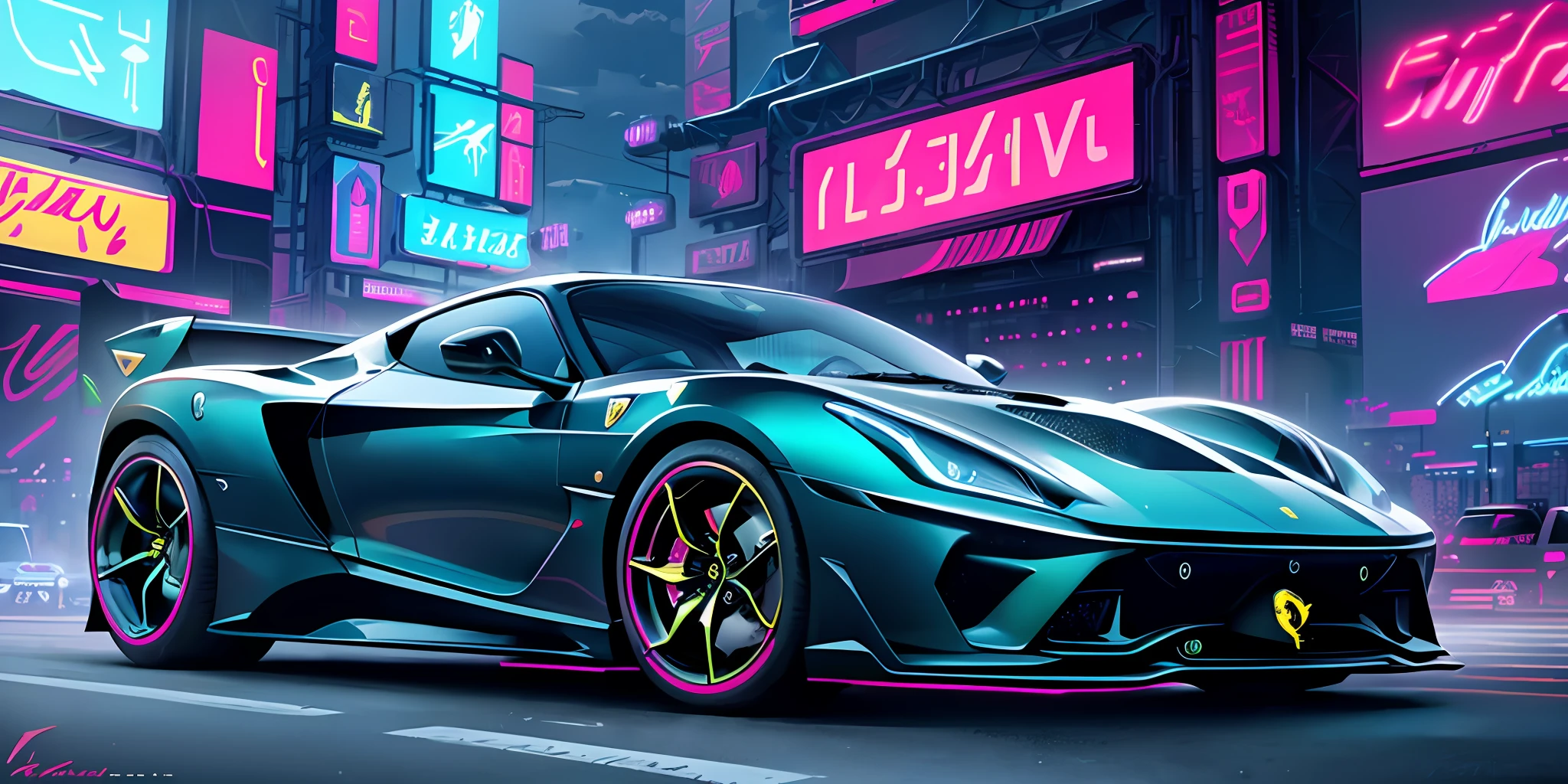 best quality, masterpiece, detailed background, highly detailed, intricate, cyberpunk city, road, cyberpunk, sunny, day, clouds, skyscraper, futuristic, science fiction, car focus, cool car, (cyberpunk car, futuristic car:1.2), (neon car, neon wheels, neon lights:1.4), (black ferrari:1.3), (red lights), (future car), (car front view:1.2)