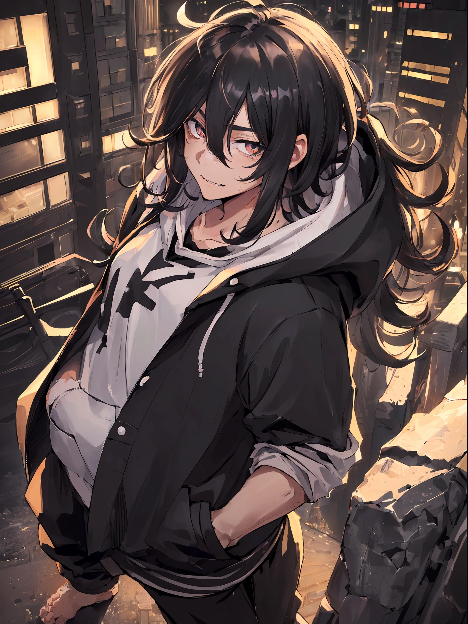((highest quality, masterpiece, 4k, finely detailed, detailed eyes, detailed face, gelbooru, pixiv, warm lighting)), ((solo)), 1 male, handsome, masculine, adult male, older guy, broad shoulders, closeup of face, ((black chin hair)), grinning with fangs, looking at viewer ((lazy eyes, half-lidded, tired eyes, eyebags under eyes, black eyes with white pupils)), ( hoodie, sweatpants), ((black hair, medium length hair, shaggy hairstyle, messy hair), standing, hands in pockets, city at night background