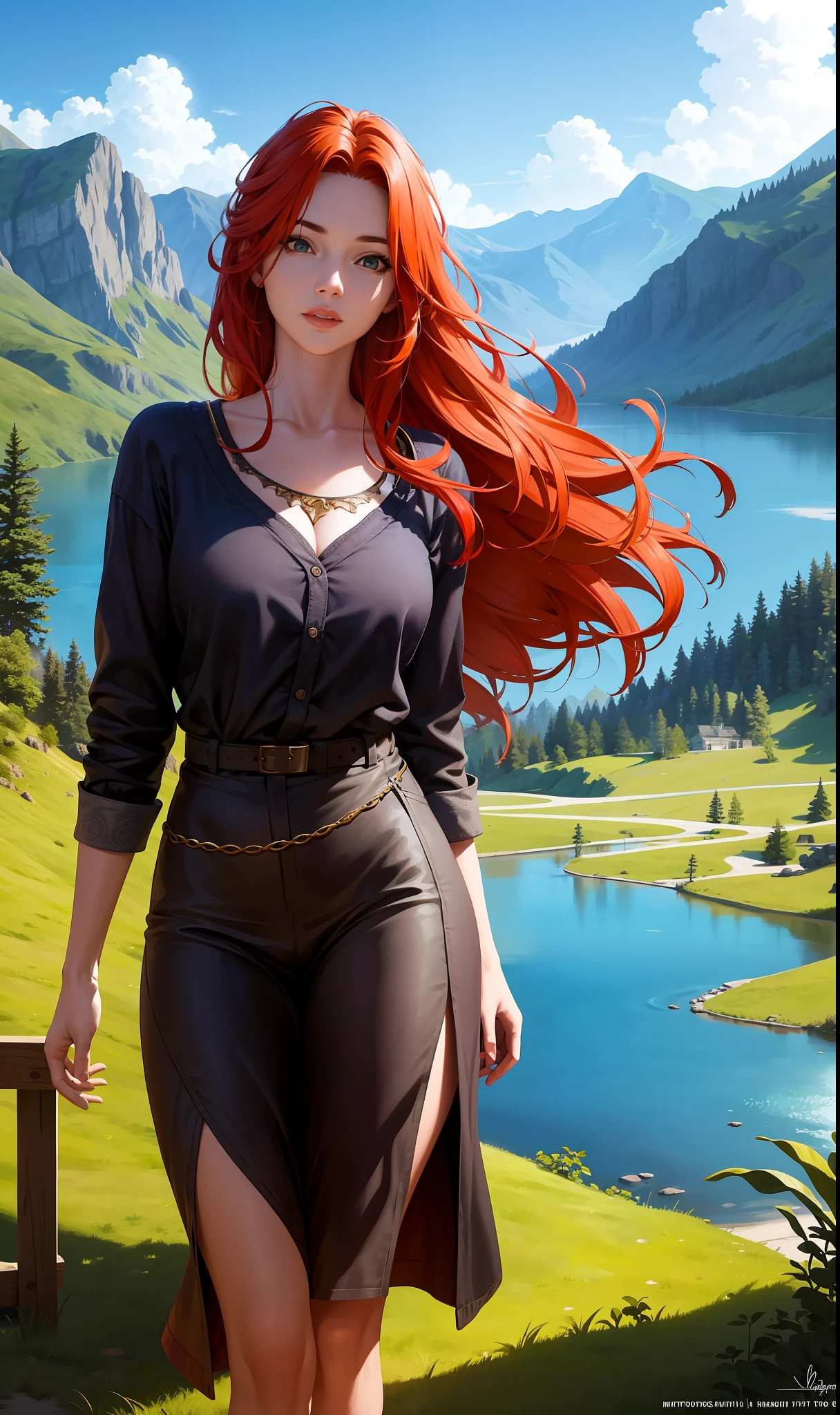 ((Best quality)), ((masterpiece)), ((realistic)), A girl with fiery hair standing in a cinematic lake with beautiful scenery. The lighting setup in the studio mimics a Front Light or Paramount lighting style, enhancing the girl's features and emphasizing the vibrant hues of her fiery hair. The lake reflects the stunning surroundings, with lush green mountains in the background and a clear blue sky above. The overall composition creates a visually captivating and enchanting atmosphere, capturing the girl's radiant presence in the scene. On eye level, scenic, masterpiece.