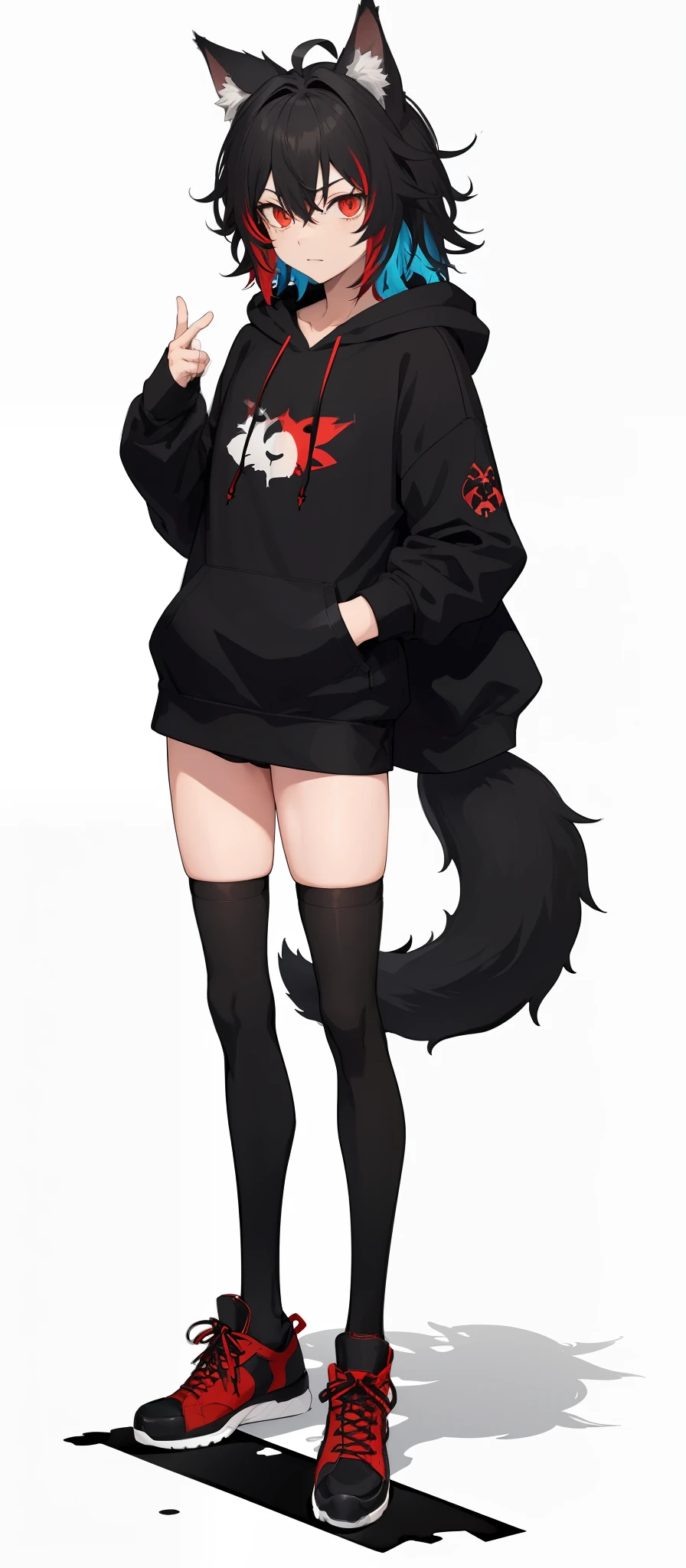 cat-boy, toned, sharp big wolf ears, wolf tail, big black messy hair, extremely vibrant red eyes, HD, masterpiece, vibrant, black converse shoes, slim dark black hoodie, full body view, neutral face, black thigh socks, combat boots.