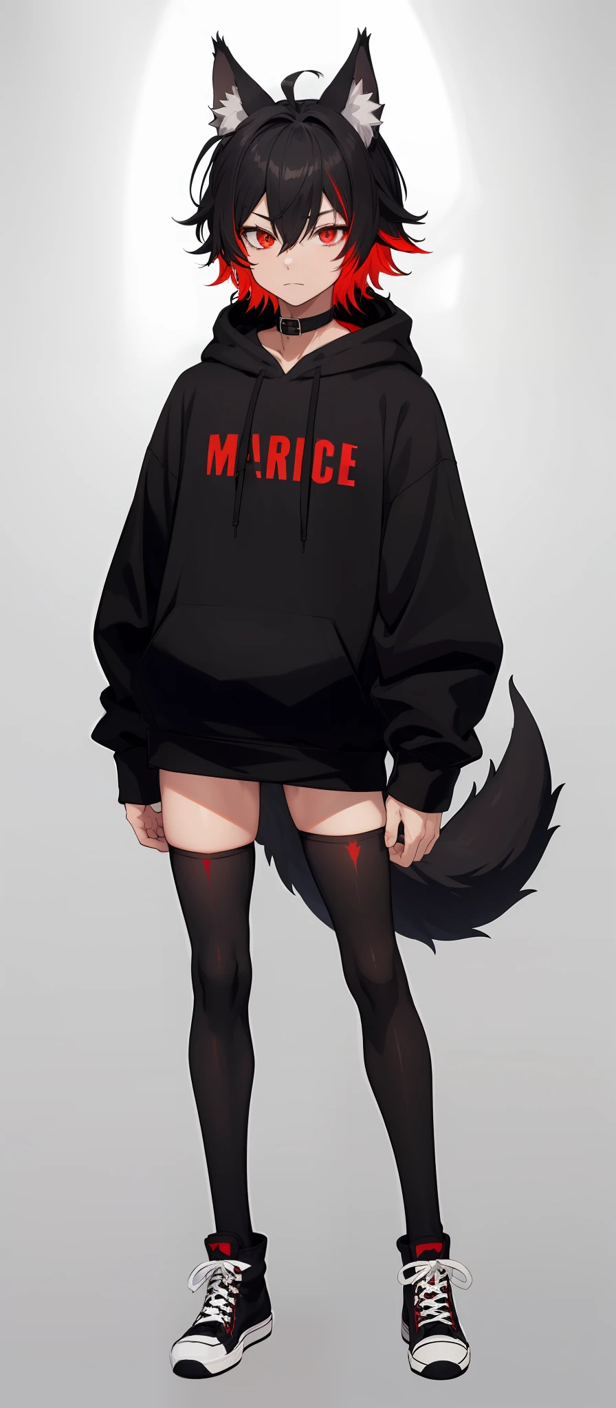 cat-boy, toned, sharp big wolf ears, wolf tail, big black messy hair, extremely vibrant red eyes, HD, masterpiece, vibrant, black converse shoes, slim dark black hoodie, full body view, neutral face, black thigh socks, combat boots.