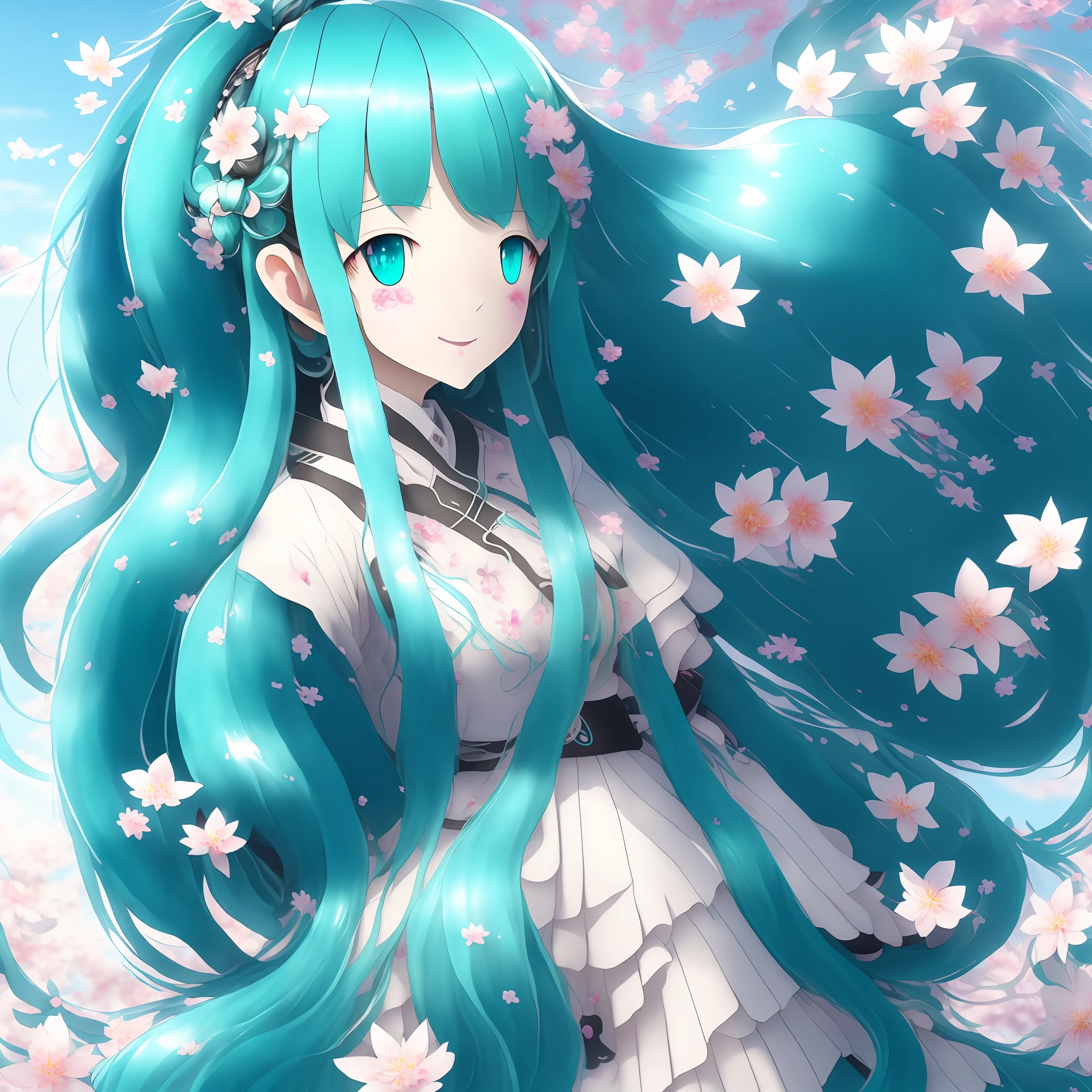 Hatsune Miku, (extremely detailed CG unity 8k wallpaper, masterpiece, best quality, ultra-detailed), (best illumination, best shadow, an extremely delicate and beautiful), floating, high saturation, ((1girl)), blue eyes, ((long turquoise hair)|(long blue hair:1.3)), black hair ribbon, wearing a school uniform, (smiling), waving hand, dynamic pose, standing on clouds, with cherry blossoms and petals around, beautiful watercolor effect.