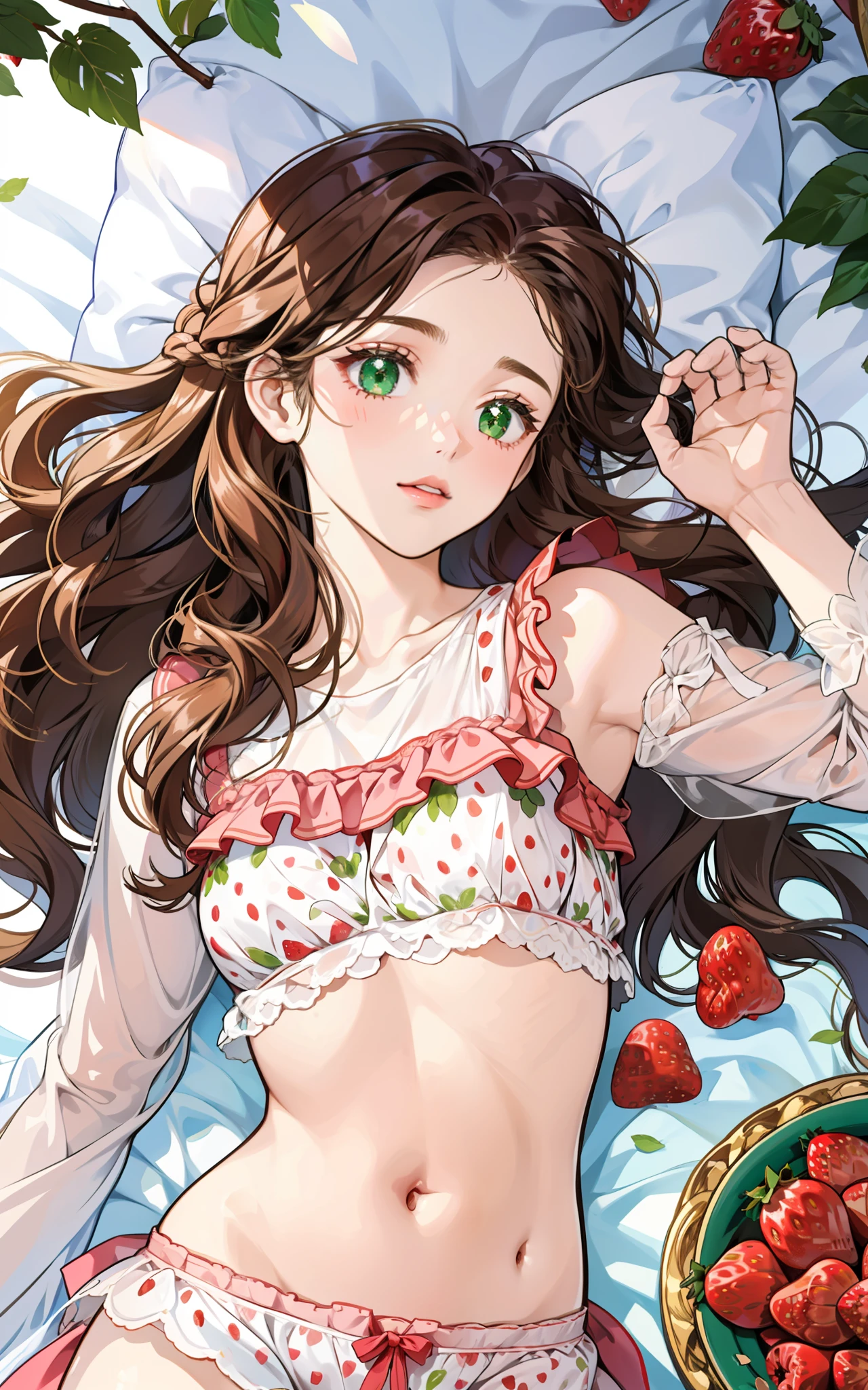 Girl with semi-long wavy brown hair, lying on her stomach looking at a photo of her boyfriend, in tender white pajamas and print strawberries, scenery of tender girl, emerald eyes,