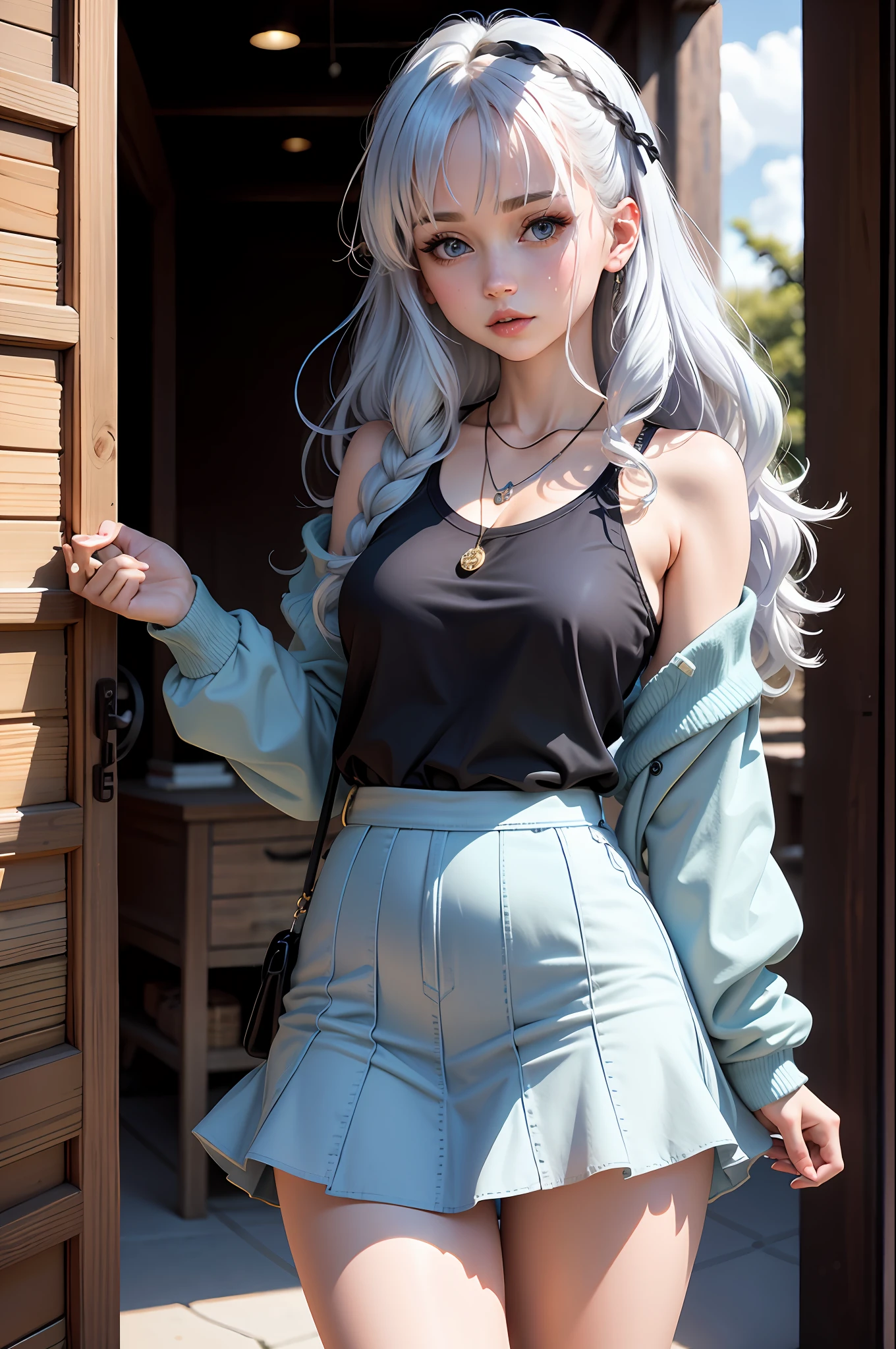 (8k, RAW photo, best quality, masterpiece), ultra high resolution, (realistic, photo-realistic), 1girl, solo, ahoge, the description of the girl is as follows: She has a medium height, has pastel blue/white hair with some rare darker blue locks She has square hair that reaches her shoulders She has semi-curly hair and she has rebellious locks She has pale skin, ocean blue eyes and She wears a little makeup, mascara / blush She has a healthy weight, still thinner than normal and has "normal" curves, shirts, skirts, confos sweaters, Her colors are in shades of dark blue/barbel blue/pale blue, gray, beige and white, semicolon tattoo on the wrist with a wave, A coffee in the hands, wears a necklace with a fish pendant, professional lighting, detailed lighting, backlight, depth of field, natural lighting, sharp focus, shooting distance of two meters, professional photo shoot, detailed eyes, realistic eyes, detailed shadow, CG game, outdoor, (ahoge hair: 1.2), ( a hair quilt in the air: 1.2)