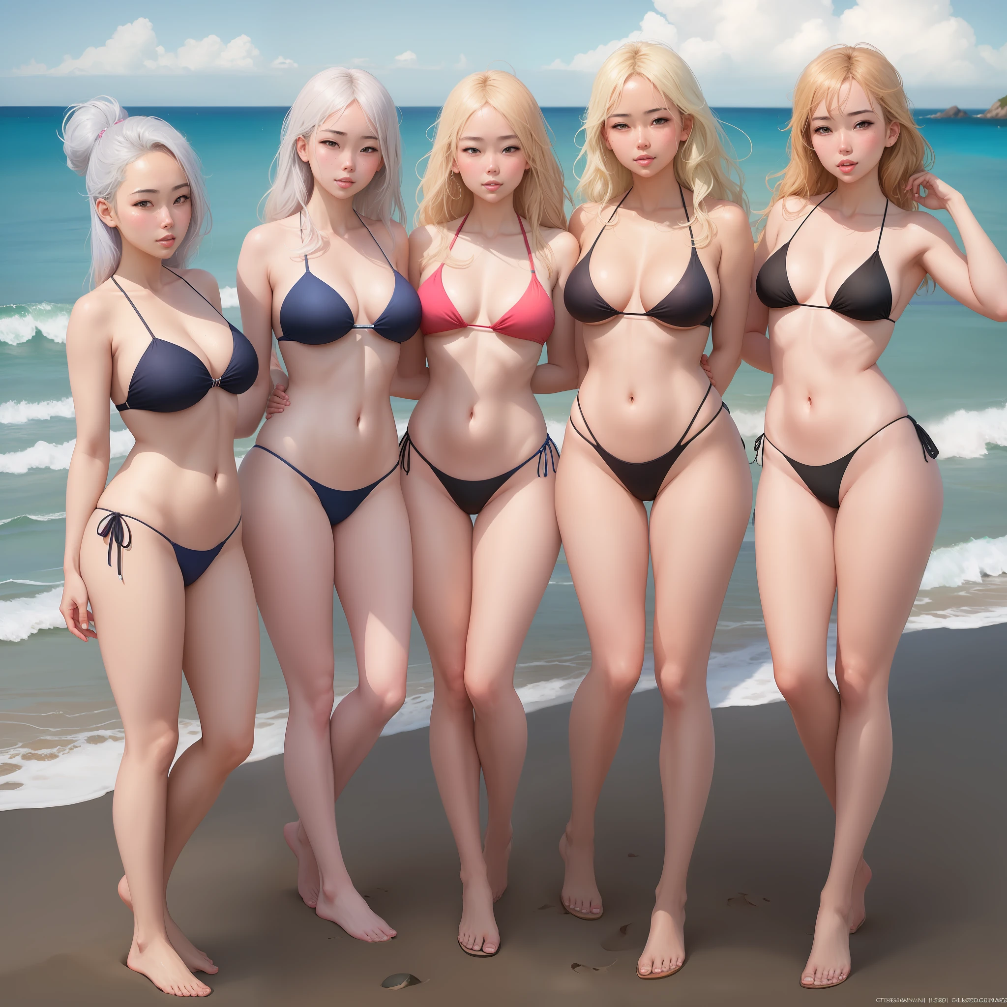 three women in bikinis standing on a beach next to the ocean, realistic bikini, at the beach, posing on the beach, on the beach, deviantart artstation cgscosiety, artwork in the style of guweiz, in the beach, sakimichan hdri, on a beach, standing near the beach, at a beach, beaching