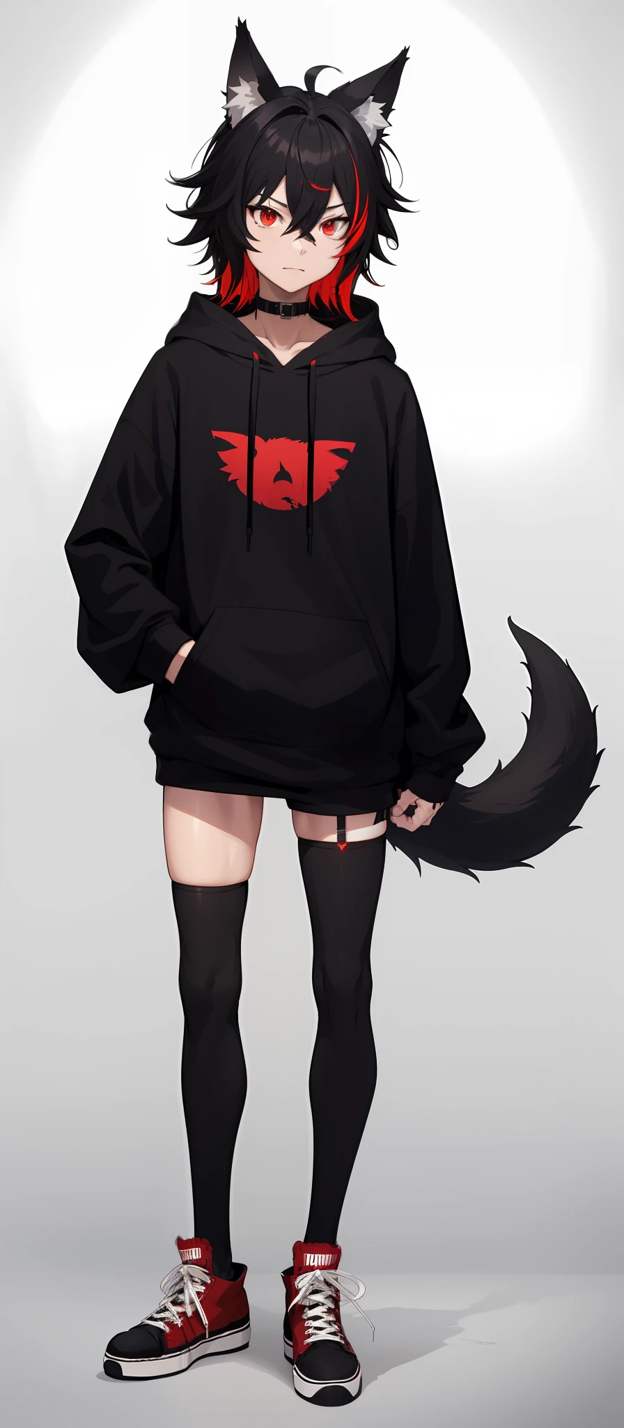 cat-boy, toned, sharp big wolf ears, wolf tail, big black messy hair, extremely vibrant red eyes, HD, masterpiece, vibrant, black converse shoes, slim dark black hoodie, full body view, neutral face, black thigh socks, combat boots.