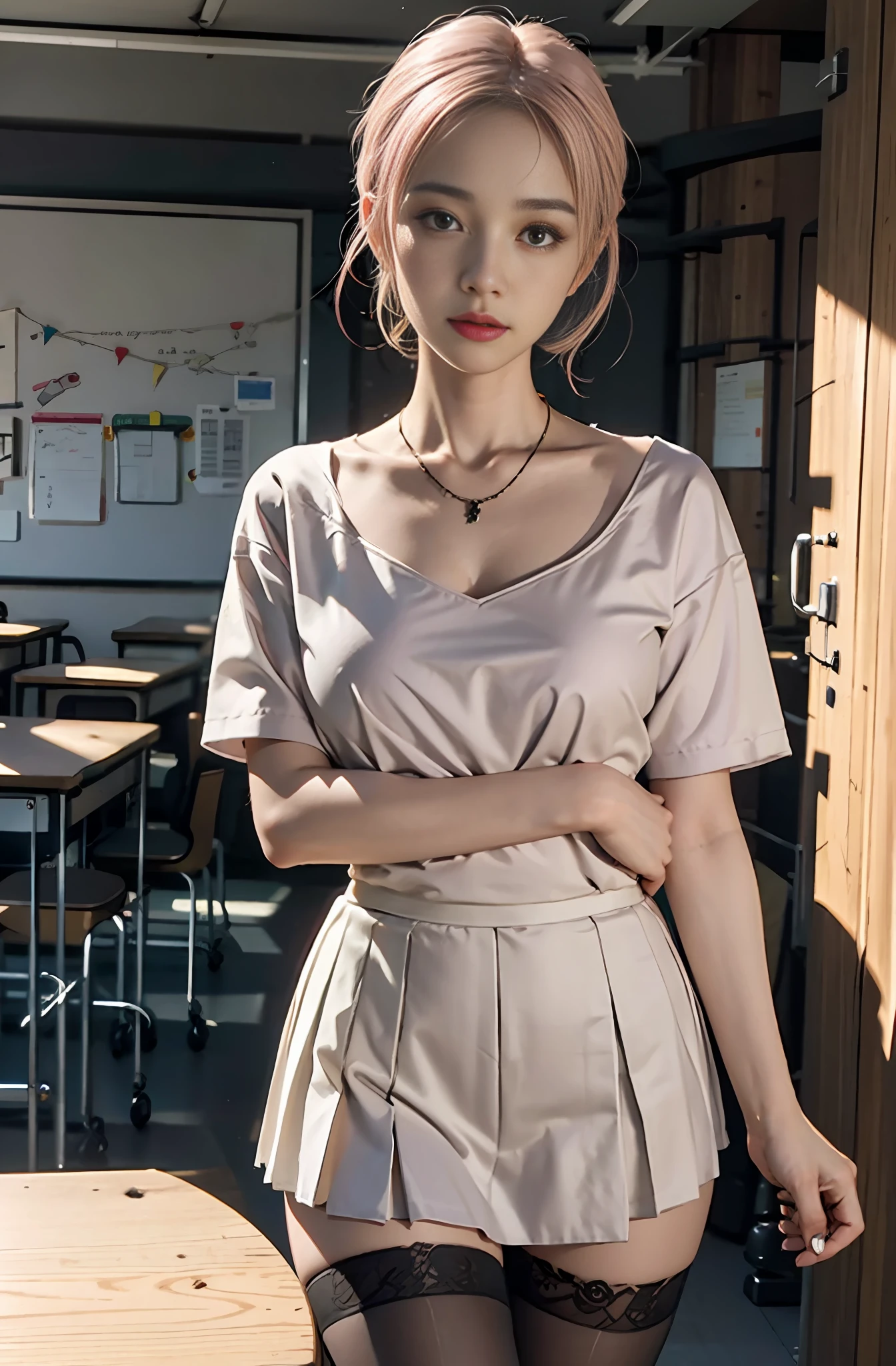 Black stockings, large aperture f1.2, blurry, classroom, blurred background, masterpiece, 1 girl, waist up, faint smile, shiny skin, best quality, (realistic: 1.4), school uniform, pleated skirt, background blur, focal length on person, (large aperture: 1.2), pink hair, necklace, earrings, classroom, school, night