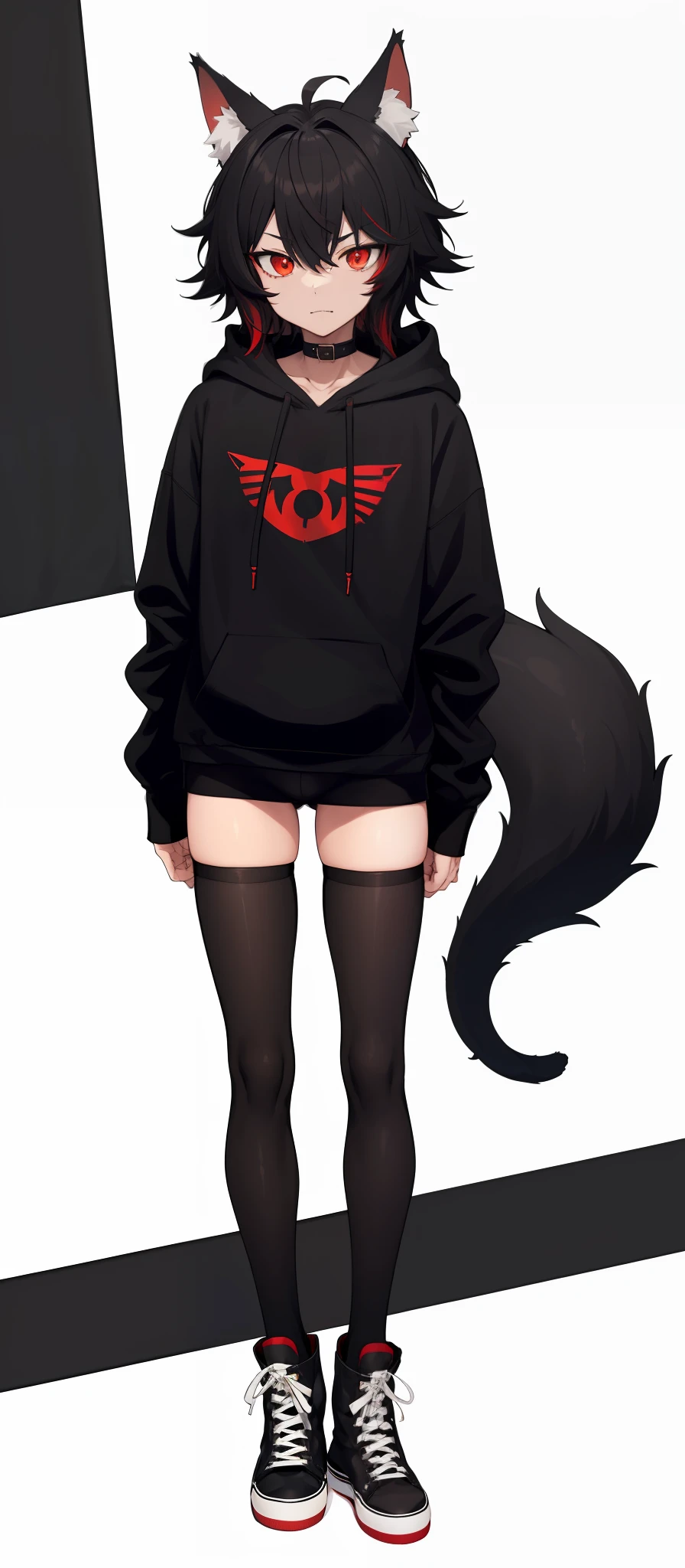 cat-boy, toned, sharp big wolf ears, wolf tail, big black messy hair, extremely vibrant red eyes, HD, masterpiece, vibrant, black converse shoes, slim dark black hoodie, full body view, neutral face, black thigh socks, combat boots.