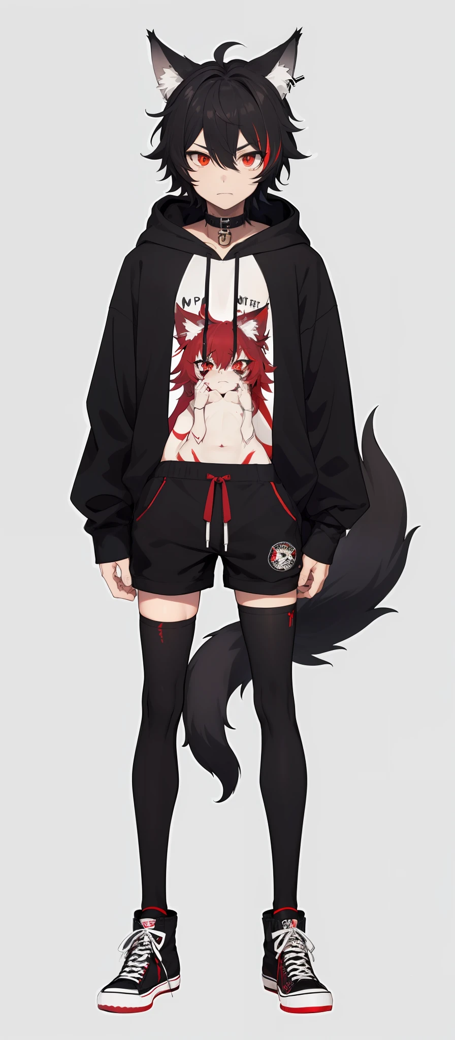 cat-boy, toned, sharp big wolf ears, wolf tail, big black messy hair, extremely vibrant red eyes, HD, masterpiece, vibrant, black converse shoes, slim dark black hoodie, full body view, neutral face, black thigh socks, combat boots.