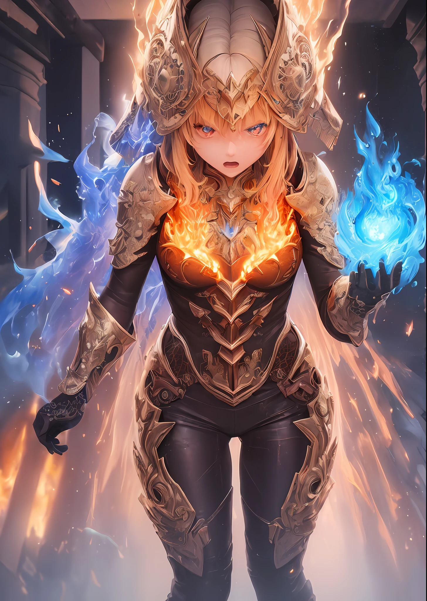 (Award Winning Digital Artwork:1.3), (Masterpiece, Ultra-Detailed:1.3), portrait,solo focus,Fire golem, monster, blue fire, angry, embers, particles