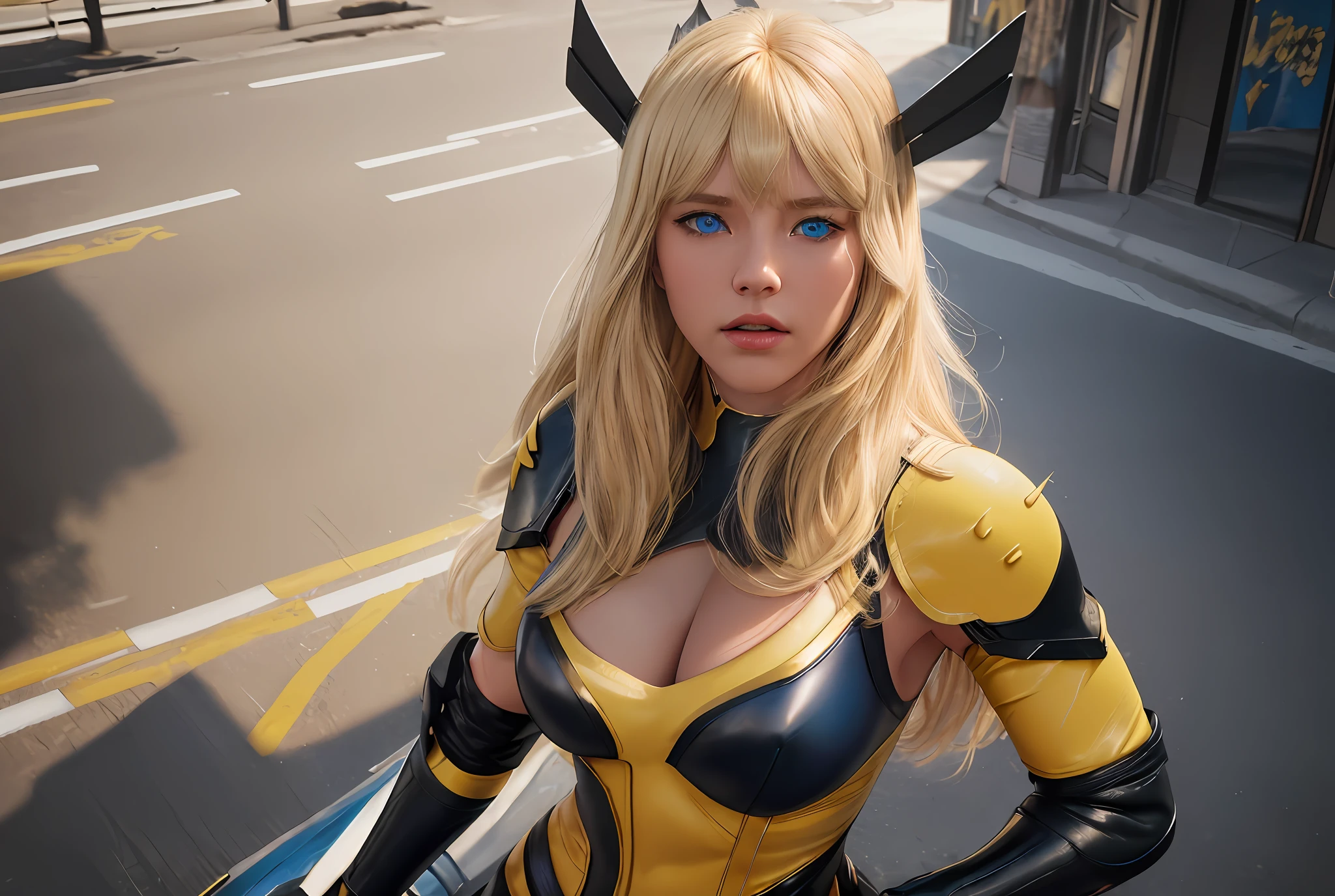 "Masterpiece, high quality, detailed, high resolution, 4k, 8k, realistic skin texture, amazing shadows, perfect lighting, hyper-realistic." 1woman (magik, blonde long hair with bangs, white skin, blue eyes) in yellow and black leather superhero costume, shoulders showing, sensual pose on the street, detailed background, dynamic lighting