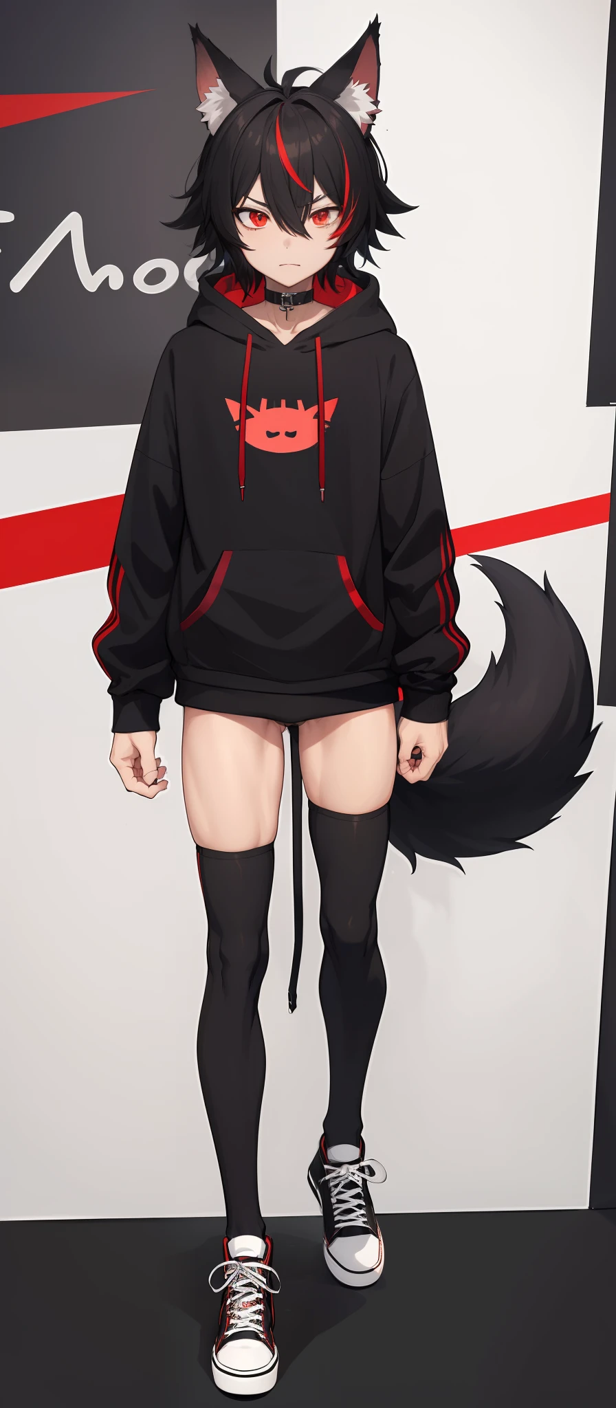 cat-boy, toned, sharp big wolf ears, wolf tail, big black messy hair, extremely vibrant red eyes, HD, masterpiece, vibrant, black converse shoes, slim dark black hoodie, full body view, neutral face, black thigh socks, combat boots.