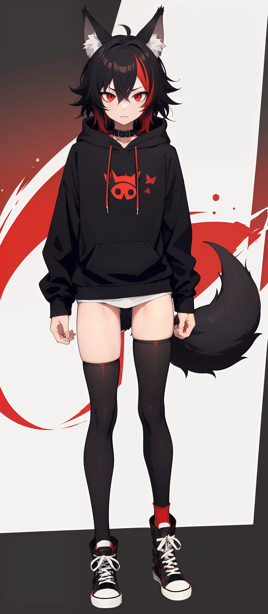 cat-boy, toned, sharp big wolf ears, wolf tail, big black messy hair, extremely vibrant red eyes, HD, masterpiece, vibrant, black converse shoes, slim dark black hoodie, full body view, neutral face, black thigh socks, combat boots.
