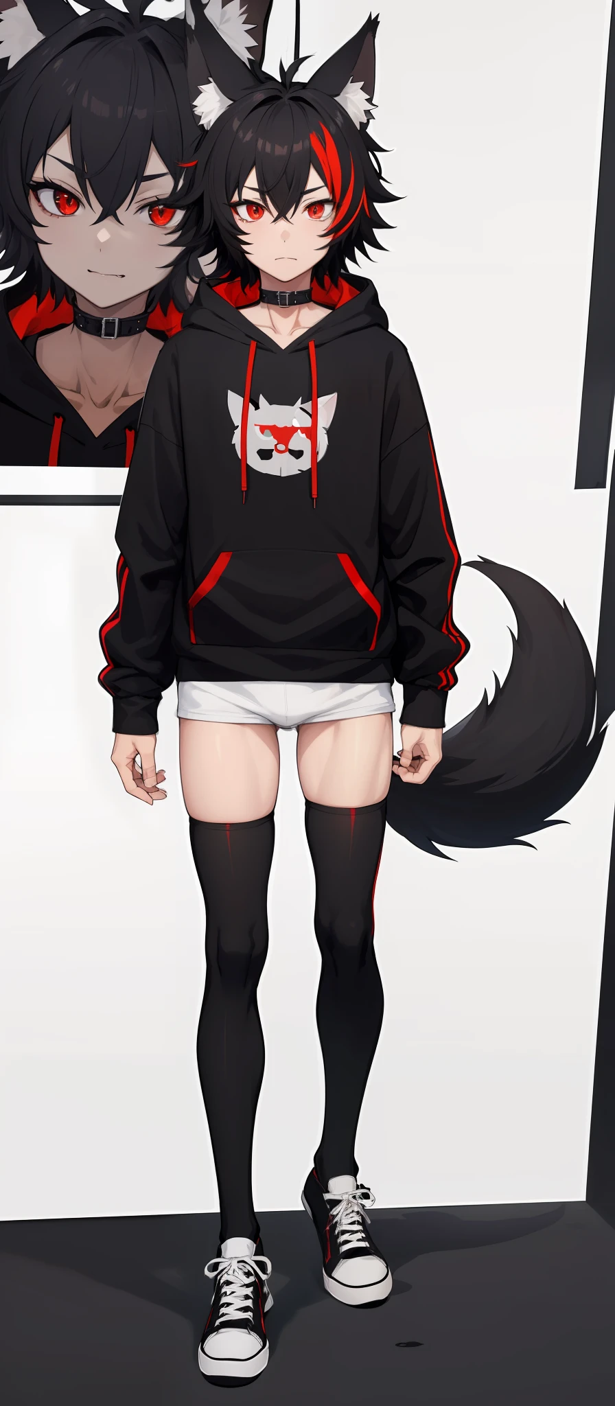 cat-boy, toned, sharp big wolf ears, wolf tail, big black messy hair, extremely vibrant red eyes, HD, masterpiece, vibrant, black converse shoes, slim dark black hoodie, full body view, neutral face, black thigh socks, combat boots.
