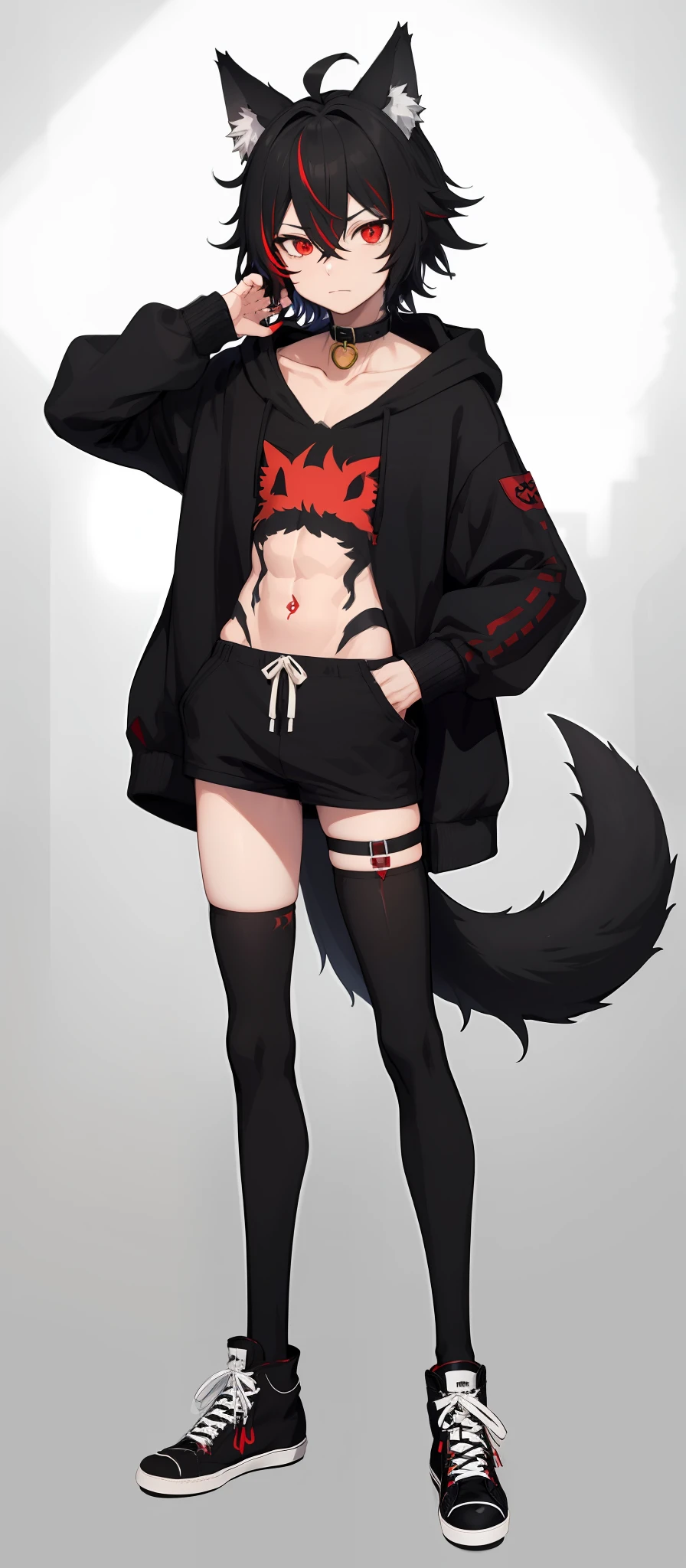 cat-boy, toned, sharp big wolf ears, wolf tail, big black messy hair, extremely vibrant red eyes, HD, masterpiece, vibrant, black converse shoes, slim dark black hoodie, full body view, neutral face, black thigh socks, combat boots.