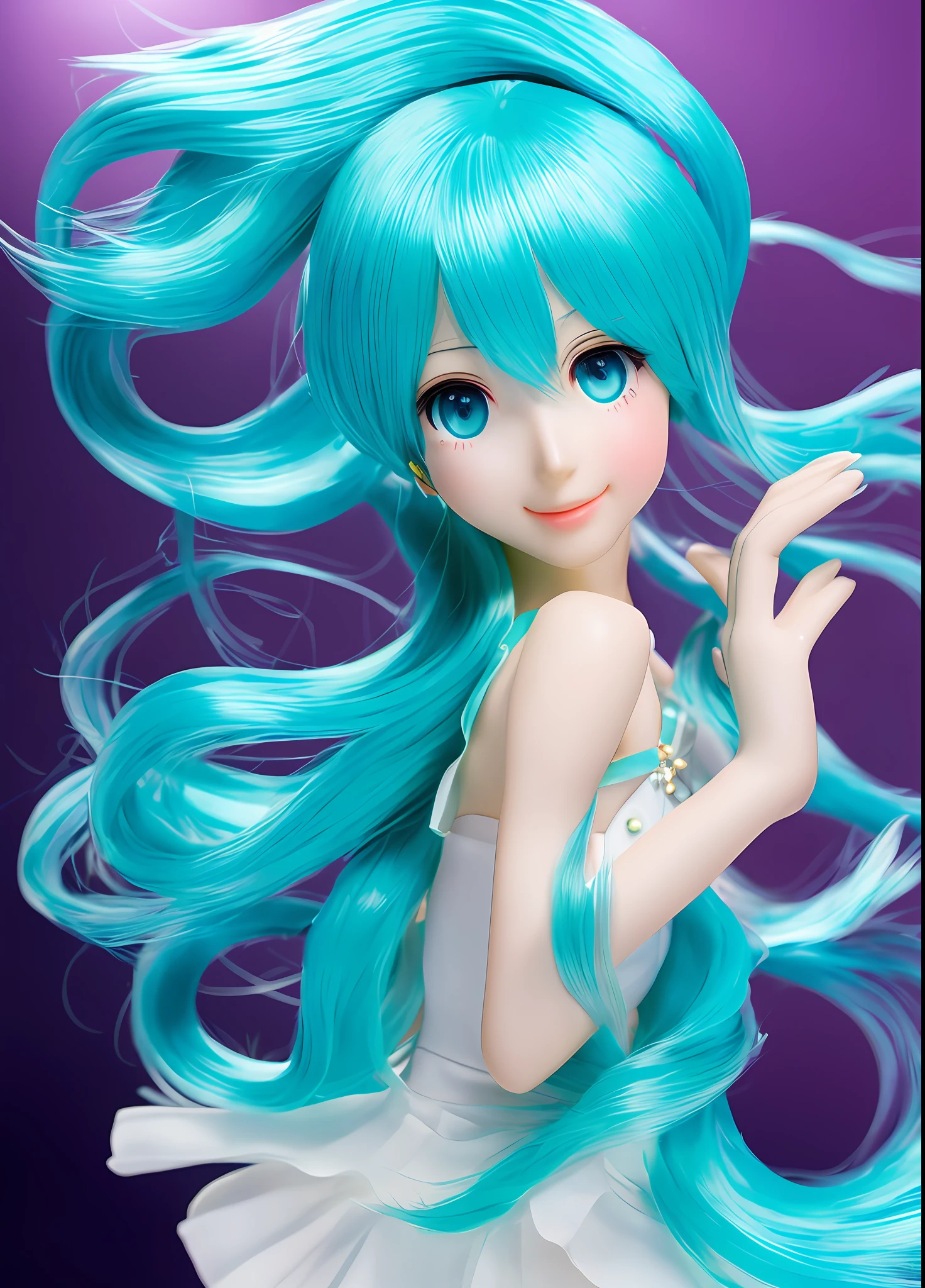 Detailed and delicate "Hatsune Miku" with bright turquoise hair and a beautiful and youthful face, floating in a dynamic pose against a dark blue and purple dreamy background with a faint and subtle glow.